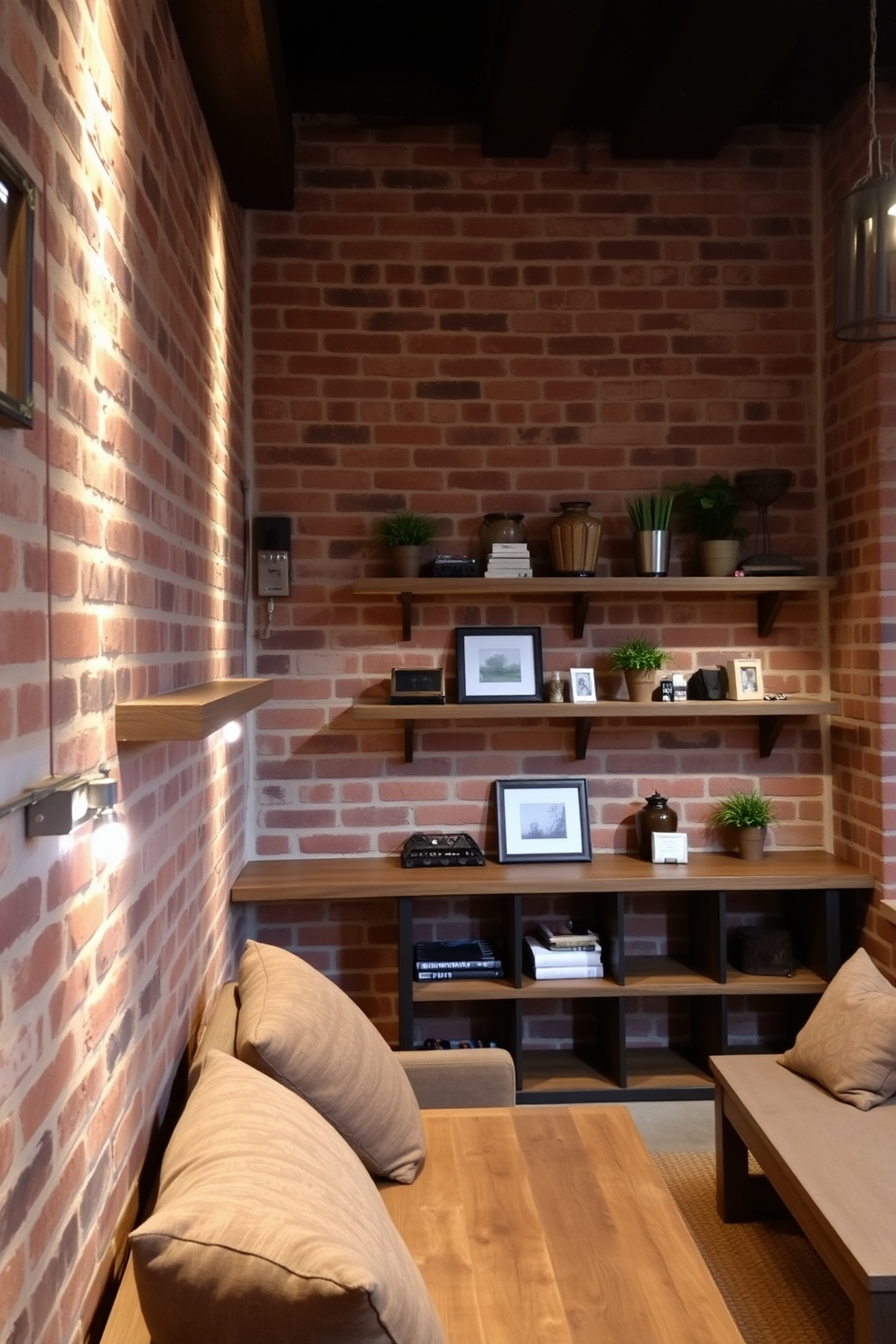 Rustic wooden shelves line the exposed brick walls of a cozy basement. Soft, warm lighting illuminates the space, highlighting the natural grain of the wood and the texture of the brick. A comfortable seating area features plush cushions and a reclaimed wood coffee table. Decorative items and plants are thoughtfully arranged on the shelves, adding character and warmth to the design.