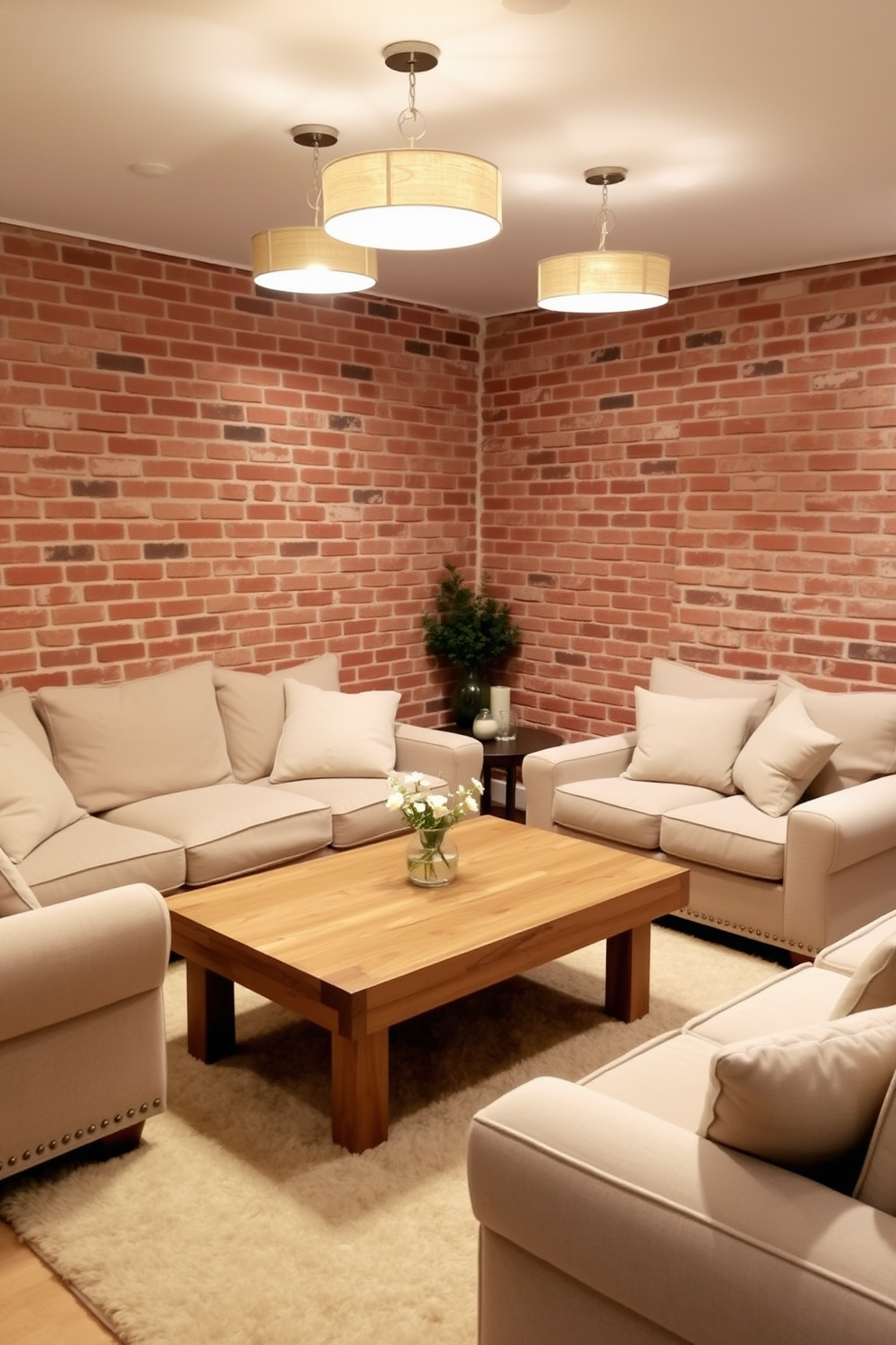 A cozy brick basement designed with a neutral color palette and soft textures creates a welcoming atmosphere. The walls are exposed brick, complemented by plush beige sofas and a soft area rug that adds warmth to the space. Incorporate a wooden coffee table with a natural finish, surrounded by comfortable seating. Soft lighting fixtures hang from the ceiling, casting a warm glow over the inviting lounge area.