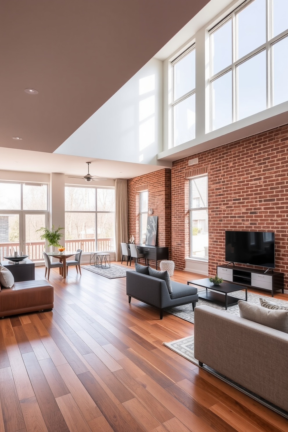 A stylish open floor plan that emphasizes spaciousness and flow between living areas. Large windows allow natural light to flood the space, highlighting the warm wood flooring and neutral color palette. The brick basement features a cozy lounge area with comfortable seating and a modern entertainment center. Exposed brick walls add character, while soft lighting creates an inviting atmosphere.