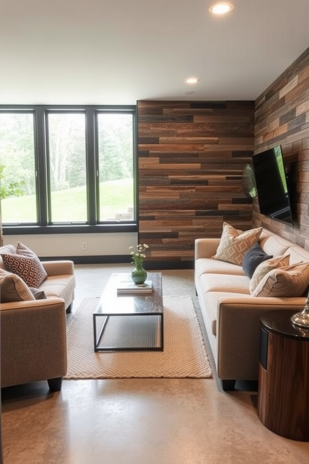 A cozy basement design featuring an accent wall made of reclaimed wood that adds warmth and character to the space. The room is filled with comfortable seating, a stylish coffee table, and soft lighting that creates an inviting atmosphere. The flooring is a polished concrete that complements the rustic charm of the wood wall. Large windows allow natural light to flood in, enhancing the overall aesthetic and making the basement feel more spacious.