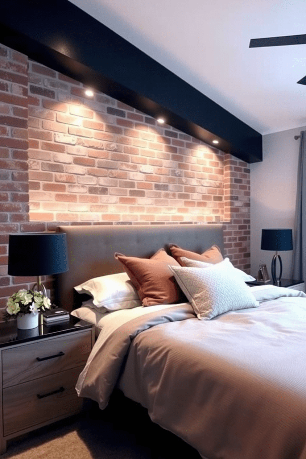 A cozy bedroom featuring an exposed brick accent wall behind the bed. The bed is dressed in soft linens with a mix of neutral and earthy tones, complemented by stylish bedside tables.