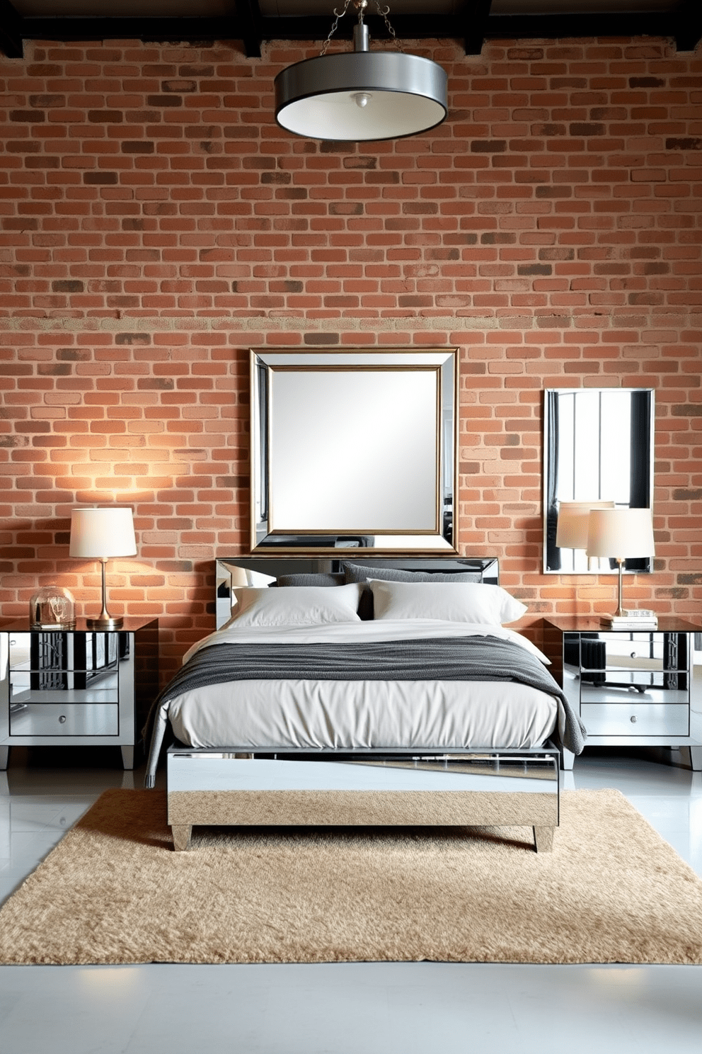 A stylish bedroom featuring mirrored furniture that beautifully reflects the rustic charm of exposed brick walls. The room is adorned with a plush bed dressed in soft linens, complemented by a pair of mirrored nightstands on either side. The warm tones of the brick wall create a cozy atmosphere, while a large mirror adds depth and elegance to the space. A chic area rug lies underfoot, tying together the room's modern and industrial elements.