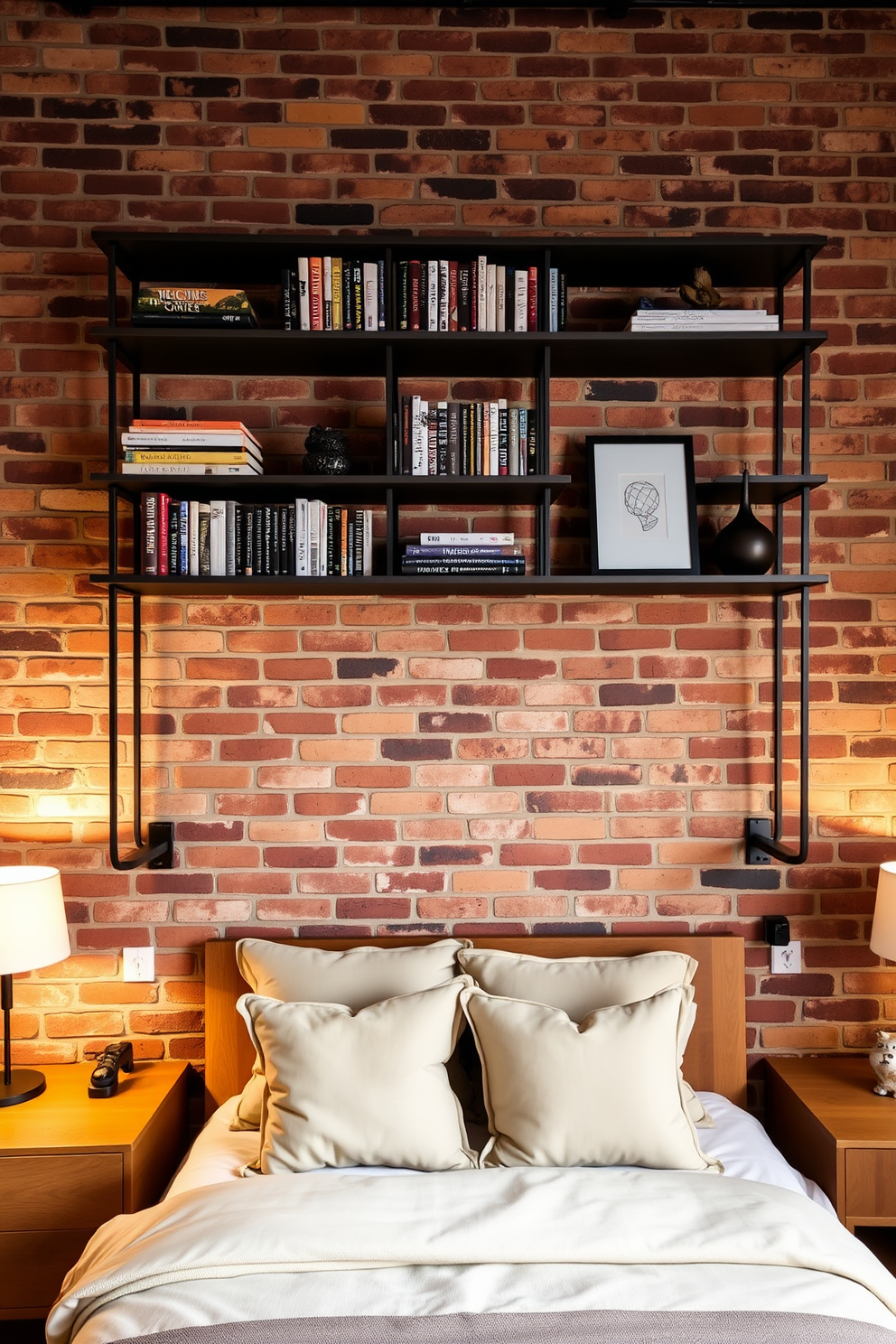 Open shelving is installed against a rustic brick wall, showcasing a curated selection of books and decorative items. The warm tones of the brick contrast beautifully with the sleek, modern shelves, creating a cozy yet contemporary atmosphere. The bed is positioned centrally, adorned with plush bedding in neutral tones that complement the earthy hues of the brick. Soft lighting from bedside lamps adds warmth, enhancing the inviting ambiance of the bedroom.