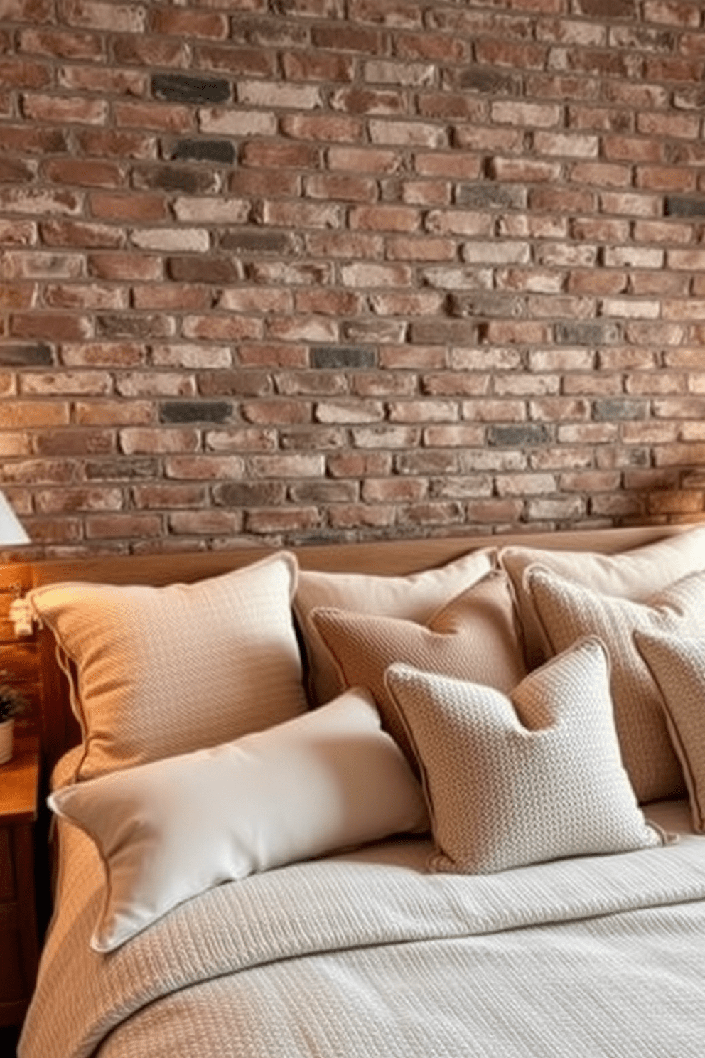 Textured pillows in various shades of beige and cream are strategically placed on a plush bed, creating a cozy and inviting atmosphere. The soft fabrics of the pillows contrast beautifully with the roughness of the exposed brick wall, enhancing the room's rustic charm. The brick wall serves as a stunning focal point, providing an industrial yet warm backdrop for the bedroom. Complemented by warm lighting and wooden accents, the design creates a harmonious balance between modern comfort and classic elegance.