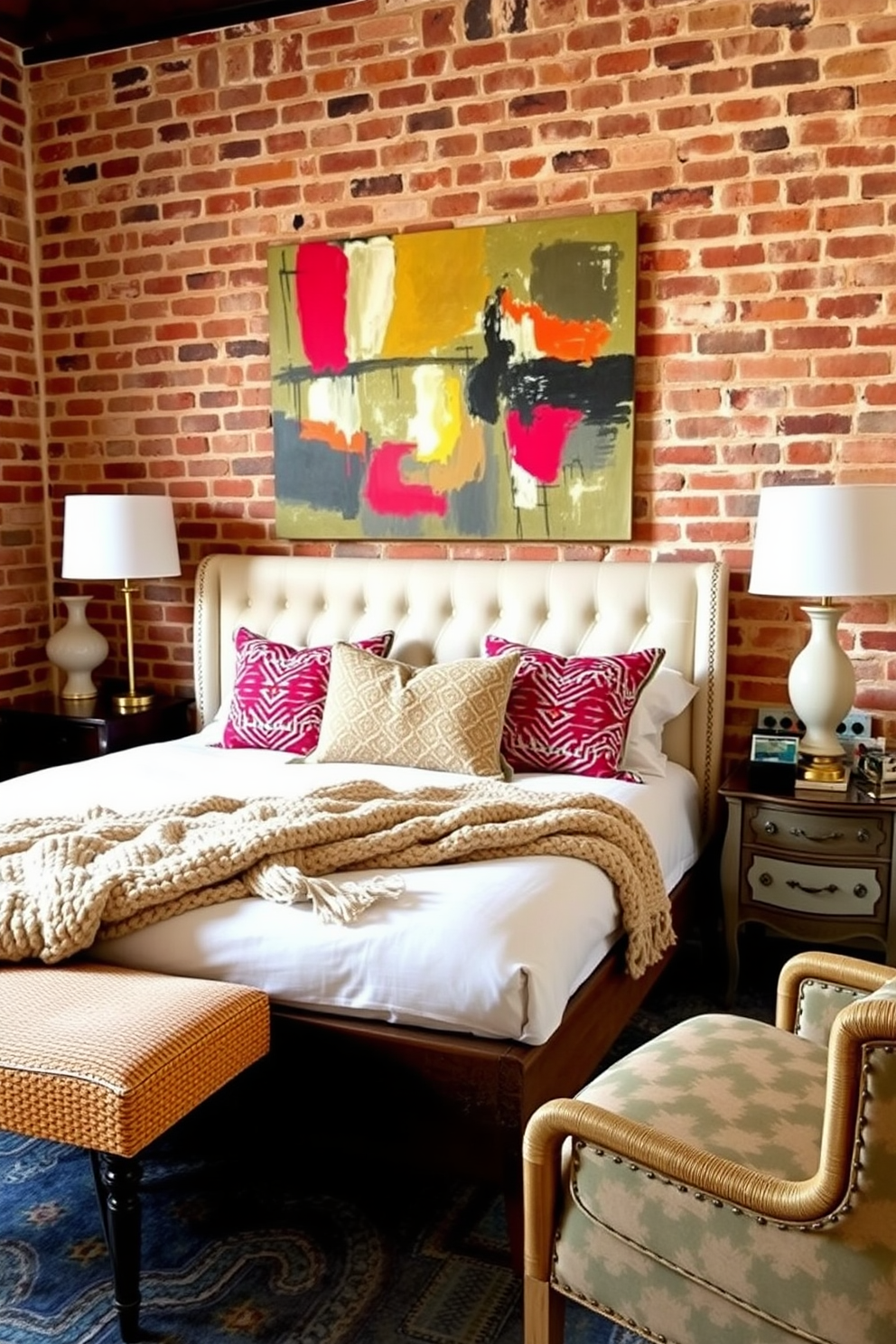 A cozy bedroom featuring an eclectic mix of modern and vintage decor. The focal point is a stylish bed with a tufted headboard, adorned with colorful patterned pillows and a chunky knit throw. The walls are exposed brick, adding warmth and character to the space. Vintage bedside tables with unique lamps flank the bed, while an oversized abstract painting hangs above the headboard.