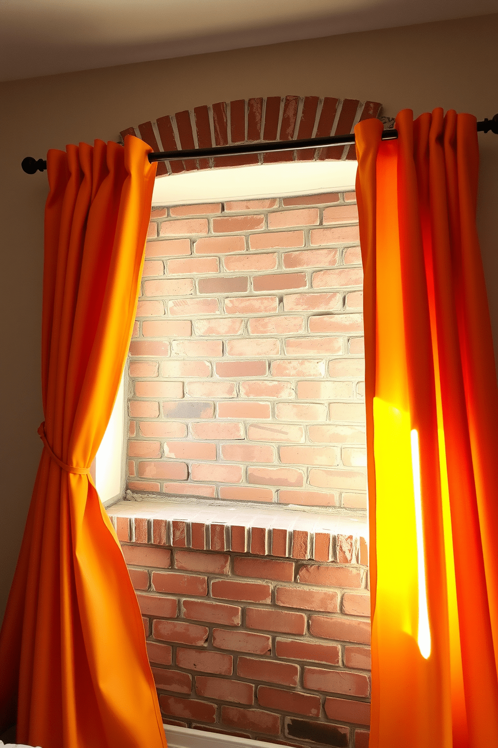 Bright curtains frame a rustic brick wall in a cozy bedroom setting. The warm tones of the curtains contrast beautifully with the cool texture of the exposed brick, creating a welcoming atmosphere.