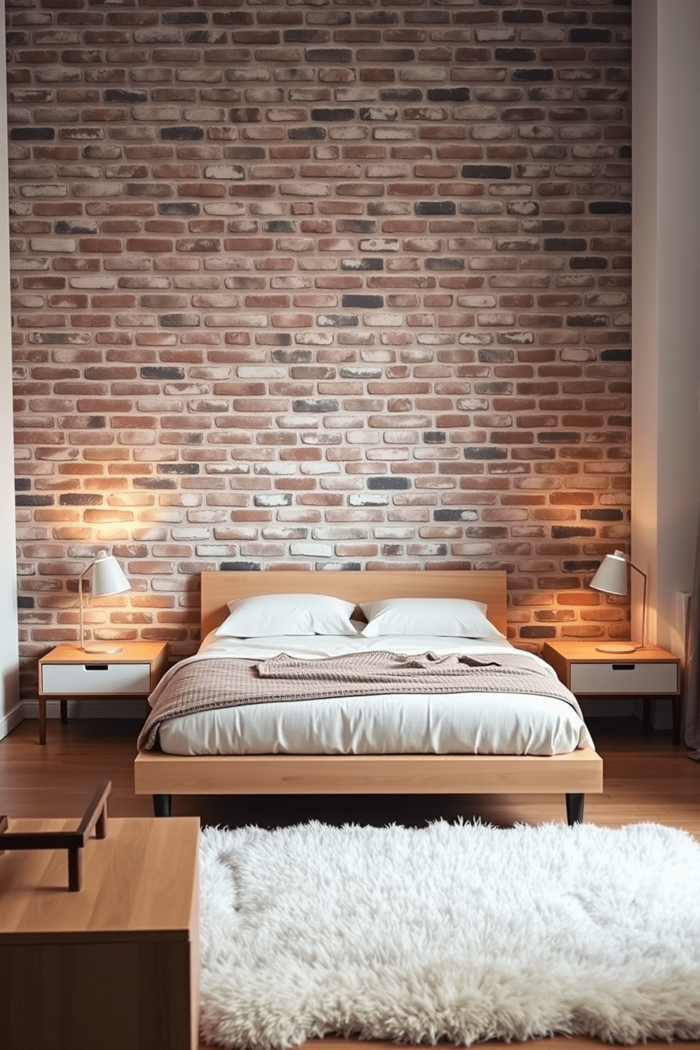 A cozy bedroom featuring low-profile furniture that complements a stunning exposed brick wall. The bed has a minimalist design with a low headboard, and soft bedding in neutral tones enhances the relaxed atmosphere. A pair of sleek nightstands flanks the bed, each adorned with modern lamps that provide warm lighting. Natural wood accents throughout the space add warmth and texture, while a plush area rug anchors the room.