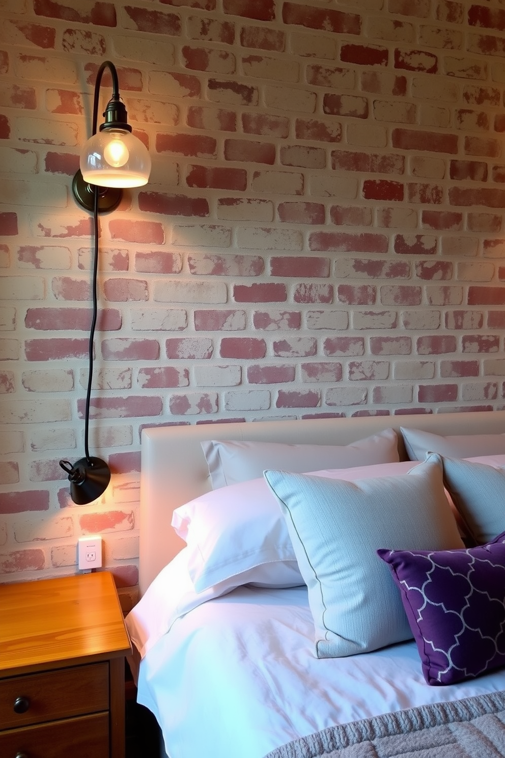 A cozy bedroom featuring wall-mounted lamps that provide stylish illumination. The lamps are elegantly designed, casting a warm glow against a rustic brick wall that adds character to the space. The room is furnished with a plush bed adorned with soft linens and decorative pillows. A wooden nightstand beside the bed complements the brick wall, creating a harmonious blend of textures.