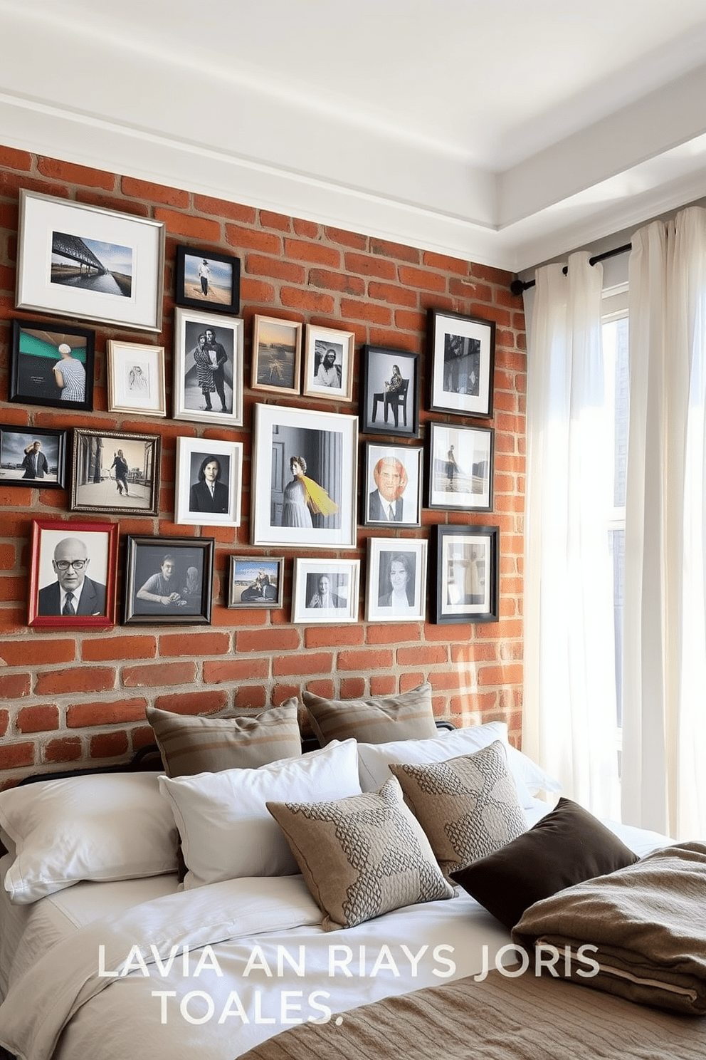 A gallery wall filled with an eclectic mix of framed photos and art pieces is displayed against a rustic brick backdrop. The warm tones of the brick enhance the vibrant colors of the artwork, creating an inviting focal point in the room. The bedroom features a cozy atmosphere with a stylish bed dressed in soft linens and plush pillows. Natural light filters through sheer curtains, illuminating the space and highlighting the unique character of the brick wall.