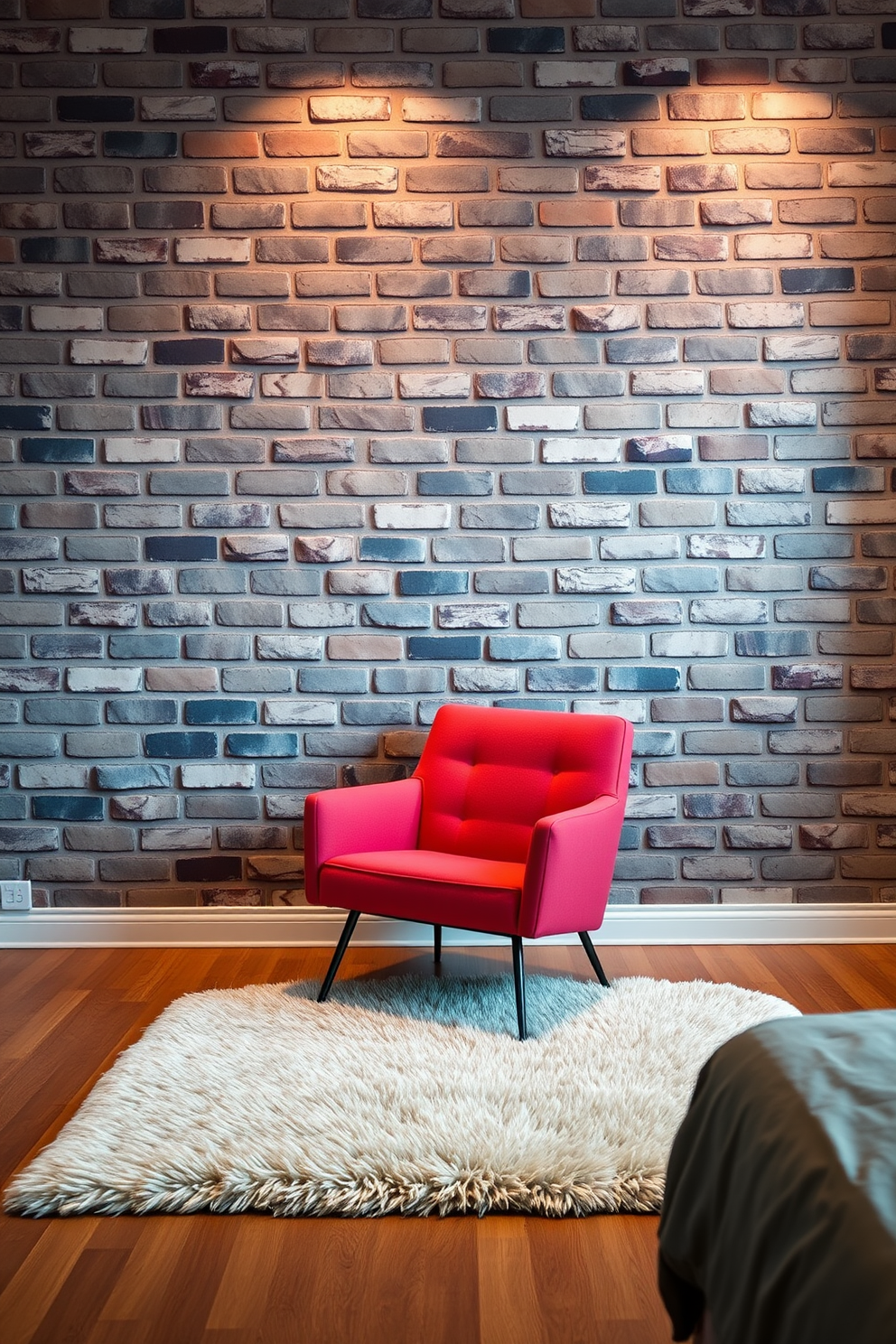 A stylish accent chair is positioned in front of a textured brick wall, creating a striking focal point in the room. The chair features a modern design with vibrant upholstery that contrasts beautifully with the rustic tones of the brick. The bedroom is designed to exude warmth and comfort, with soft lighting illuminating the brick wall. A plush area rug lies beneath the chair, adding a touch of coziness to the space while enhancing the overall aesthetic.