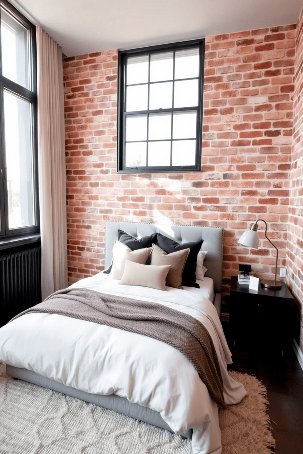 A cozy bedroom featuring a striking brick wall that adds warmth and texture to the space. The wallpaper replicates the look of exposed brick, creating an inviting backdrop for a stylish bed adorned with plush pillows and a soft throw. The room is complemented by modern furnishings, including a sleek bedside table and a minimalist lamp. Natural light floods in through large windows, highlighting the earthy tones of the wallpaper and enhancing the overall ambiance.