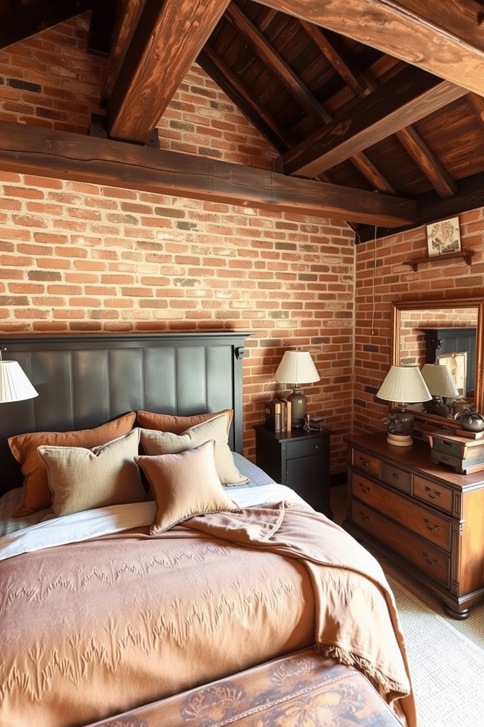 A cozy bedroom featuring rustic wooden beams that elegantly contrast with a warm brick wall. The space is adorned with a plush bed dressed in earthy tones, complemented by vintage wooden furniture pieces.