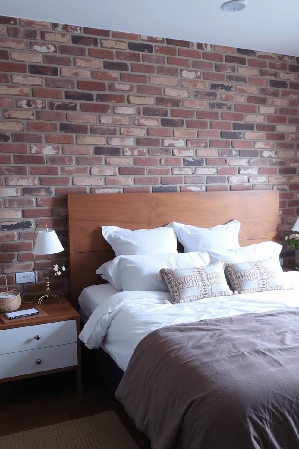 A cozy bedroom featuring a wooden headboard that adds warmth against the backdrop of an exposed brick wall. The room is illuminated by soft lighting, creating an inviting atmosphere with plush bedding and stylish decor.