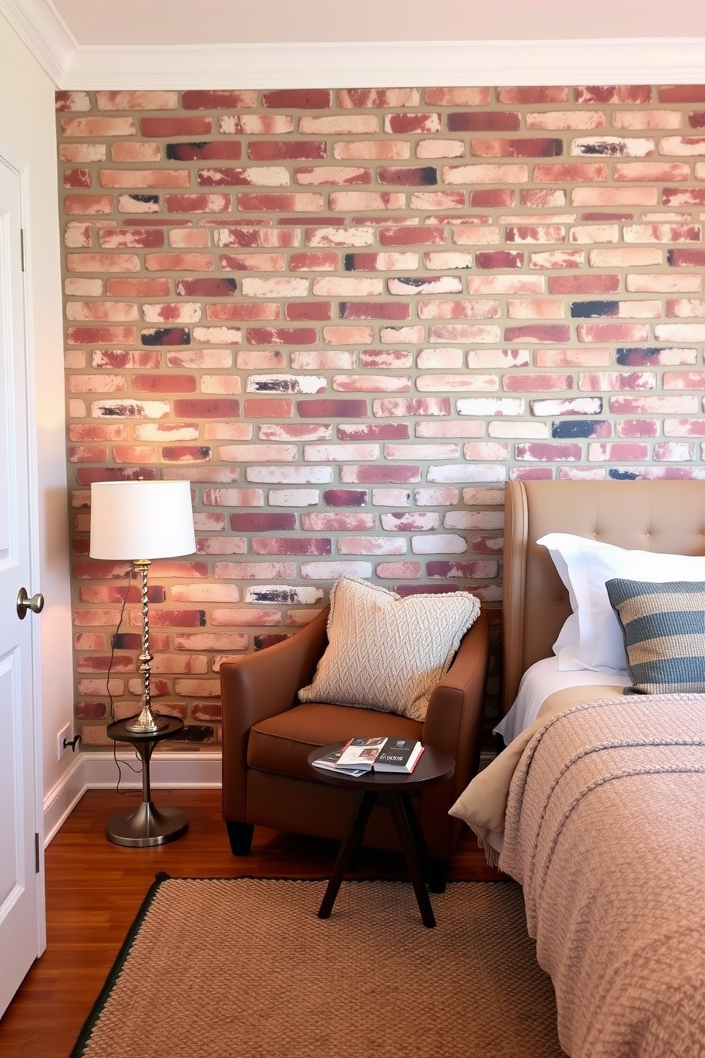 Create a cozy reading nook in a bedroom featuring a rustic brick wall. Include a comfortable armchair with plush cushions, a small side table for books, and a floor lamp that provides warm lighting.