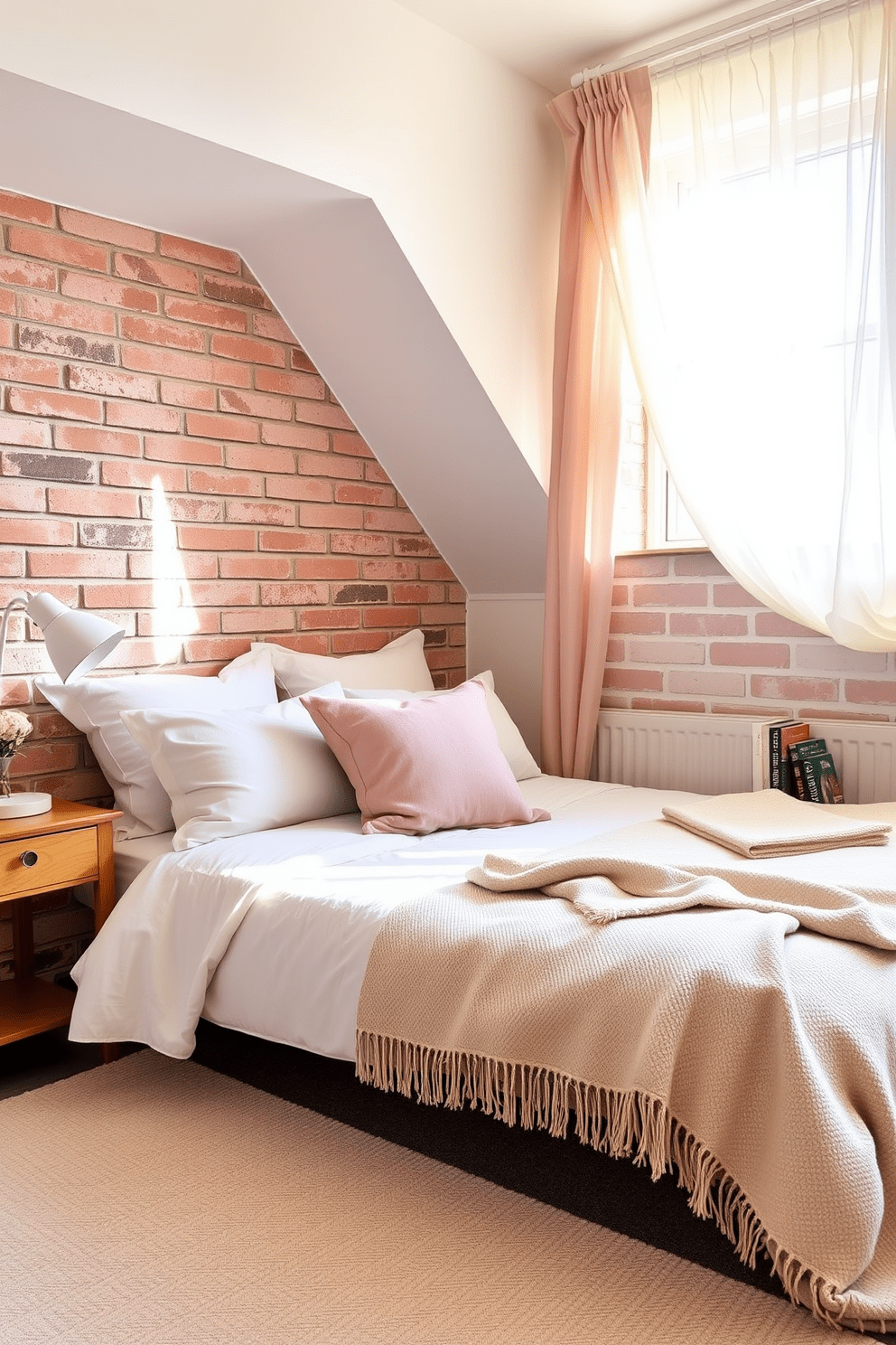 A cozy bedroom featuring a brick wall painted in soft pastel hues creates a warm and inviting atmosphere. The bed is adorned with plush pillows and a soft throw blanket, complementing the gentle colors of the wall. Natural light filters through sheer curtains, enhancing the serene vibe of the space. A wooden nightstand beside the bed holds a stylish lamp and a few decorative books, adding a personal touch to the room.