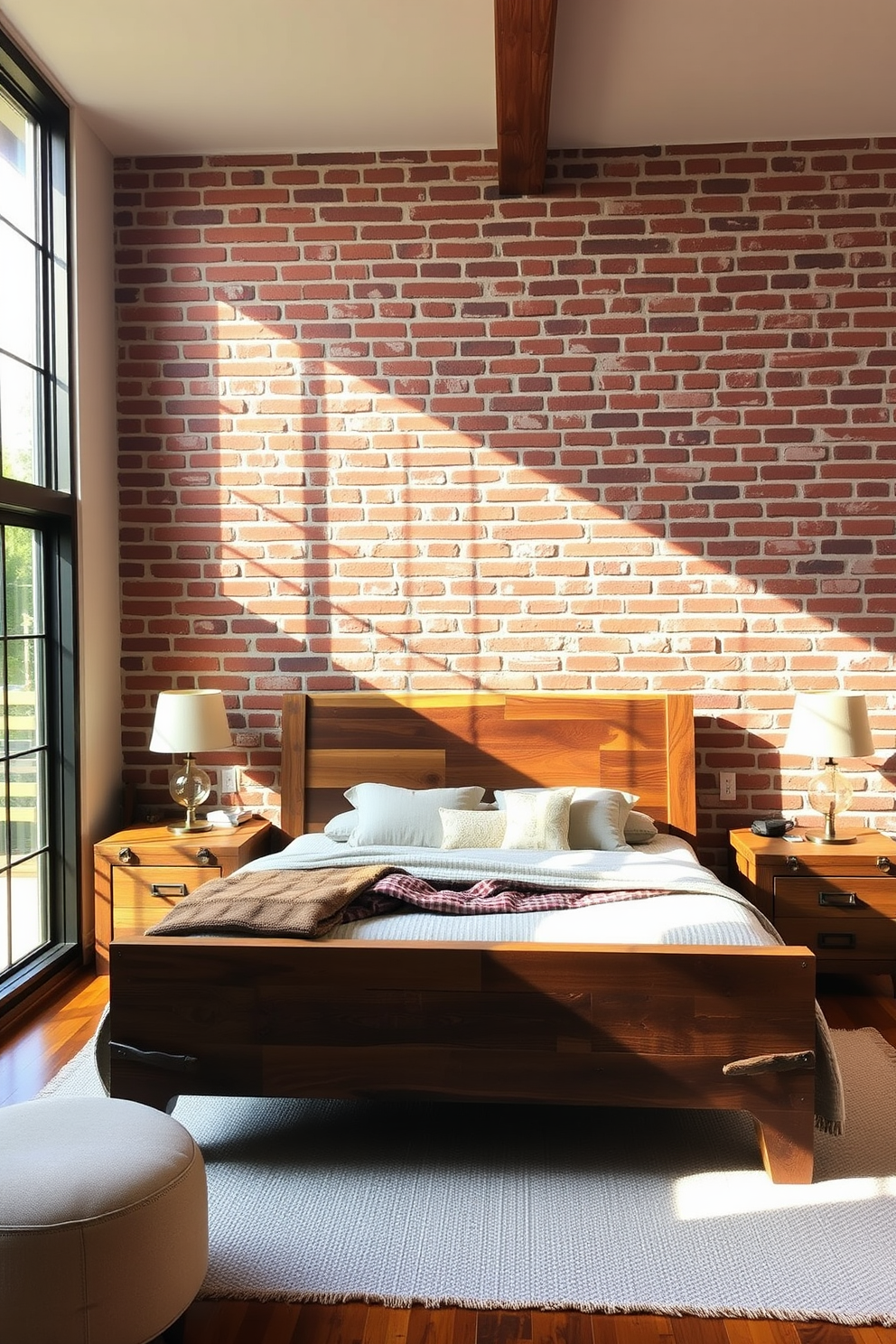 A cozy bedroom featuring a striking brick wall that serves as a focal point. The room is enhanced with reclaimed wood accents, including a rustic bed frame and nightstands. Natural light streams through large windows, illuminating the warm tones of the brick and wood. Soft textiles in neutral colors add comfort and balance to the bold design elements.