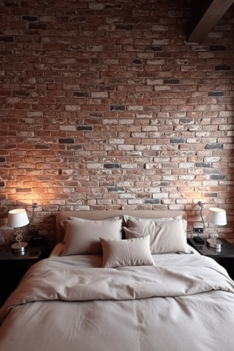 A cozy bedroom featuring a prominent brick wall as the focal point. The wall is complemented by soft lighting that highlights its texture and warmth. The bed is dressed in neutral linens and positioned against the brick wall. Beside the bed, there are stylish nightstands with modern lamps that add a touch of elegance.