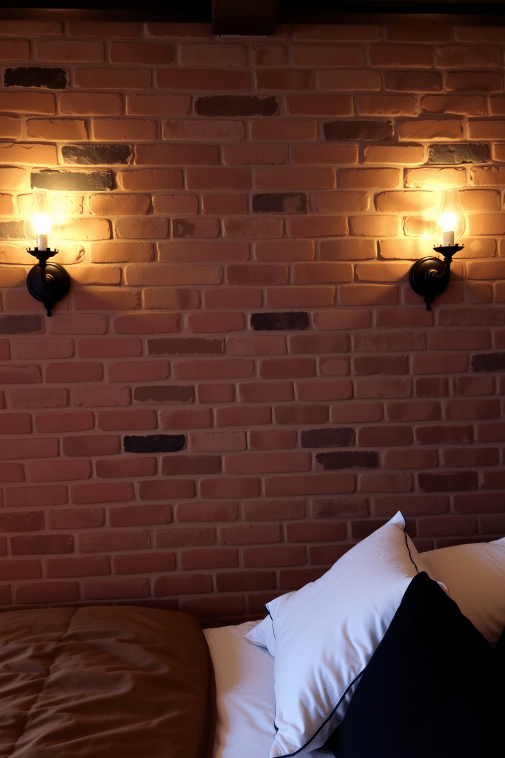 A cozy bedroom with a rustic charm featuring a brick wall as the focal point. On either side of the brick wall, decorative wall sconces provide warm ambient lighting, enhancing the inviting atmosphere of the space.