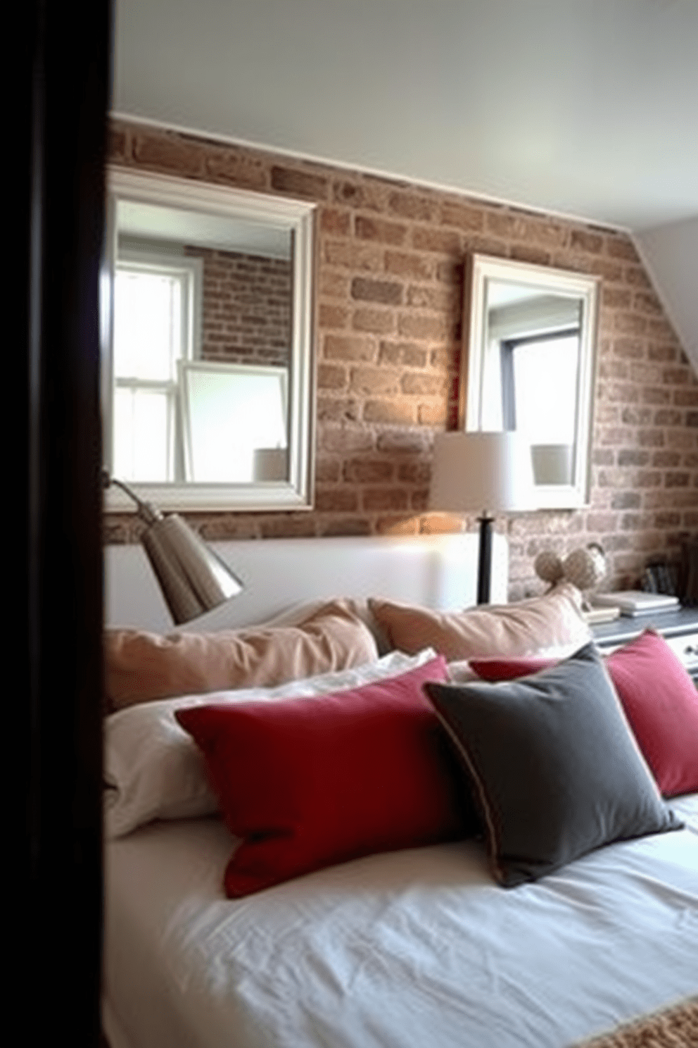 A cozy bedroom featuring a brick wall that adds texture and warmth to the space. Framed mirrors are strategically placed to enhance the natural light, reflecting it throughout the room. The bed is dressed in soft, neutral linens, complemented by colorful throw pillows. A stylish bedside table holds a contemporary lamp that adds a touch of modern elegance.