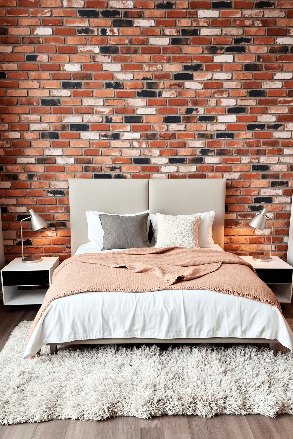 A stylish bedroom featuring a brick accent wall that adds texture and warmth to the space. The bed is adorned with a cozy throw blanket in soft neutral tones, inviting relaxation and comfort. The room is complemented by modern bedside tables with sleek lamps that provide soft lighting. A plush area rug lies beneath the bed, enhancing the overall coziness of the design.