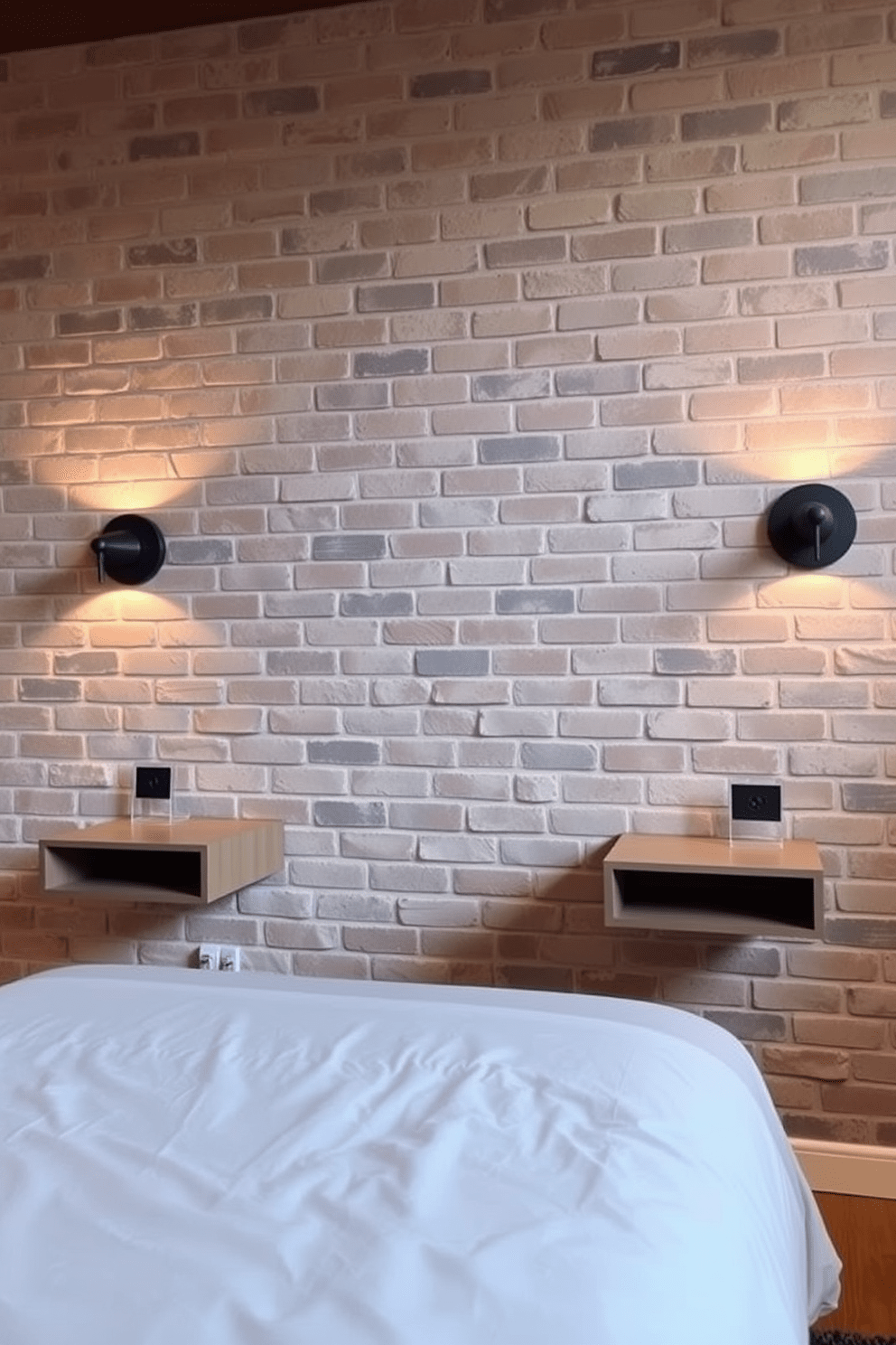 A cozy bedroom featuring floating nightstands on either side of a bed. The backdrop consists of a textured brick wall that adds warmth and character to the space. The nightstands are sleek and modern, complementing the overall aesthetic of the room. Soft lighting from wall sconces creates an inviting ambiance, enhancing the brick wall's rustic charm.