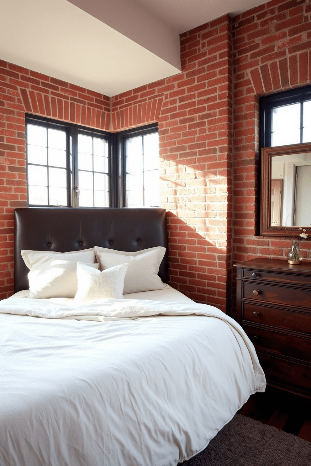 A cozy bedroom featuring a striking brick wall as the focal point. The room includes a plush leather headboard paired with soft linen bedding, creating a perfect blend of textures. Natural light pours in through large windows, highlighting the warmth of the brick and the richness of the leather. A vintage wooden dresser complements the design, adding character and charm to the space.