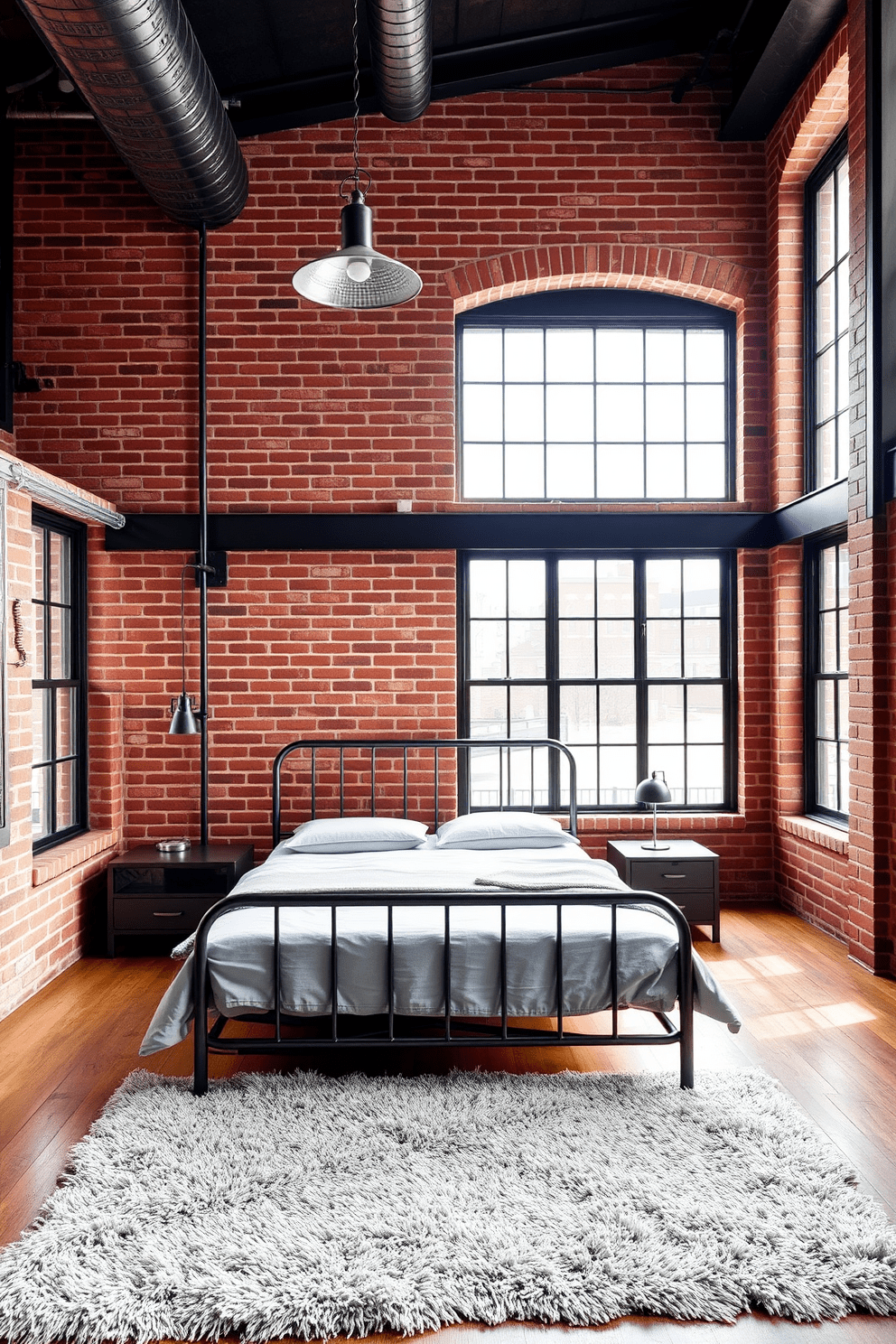 An industrial style bedroom featuring a striking brick wall as the focal point. The room includes metal furniture accents, such as a sleek bed frame and a minimalist nightstand, enhancing the raw aesthetic. Large windows allow natural light to flood the space, highlighting the warm tones of the exposed brick. A plush area rug adds comfort underfoot, while industrial-style light fixtures suspend from the ceiling, completing the look.