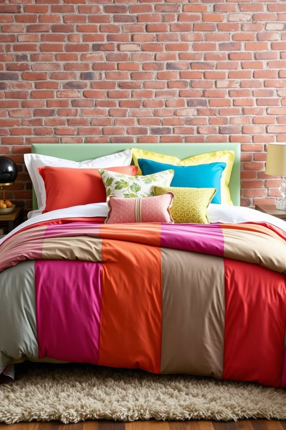 Colorful bedding contrasting with brick tones creates a vibrant and inviting atmosphere. The bed features a plush comforter in bold hues, complemented by an array of decorative pillows in various patterns. The exposed brick wall serves as a stunning backdrop, adding warmth and texture to the space. A cozy area rug lies beneath the bed, enhancing the overall comfort while grounding the design.