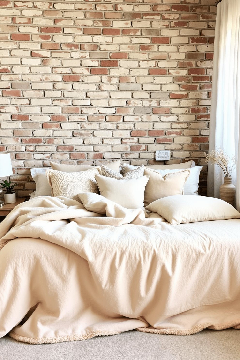 A cozy bedroom featuring a rough brick wall as the focal point. Soft, plush textiles in neutral tones are layered on the bed, creating a warm and inviting atmosphere. A large, oversized throw blanket drapes casually over the edge of the bed, complemented by a variety of decorative pillows. Natural light filters through sheer curtains, enhancing the contrast between the rugged brick and the softness of the textiles.