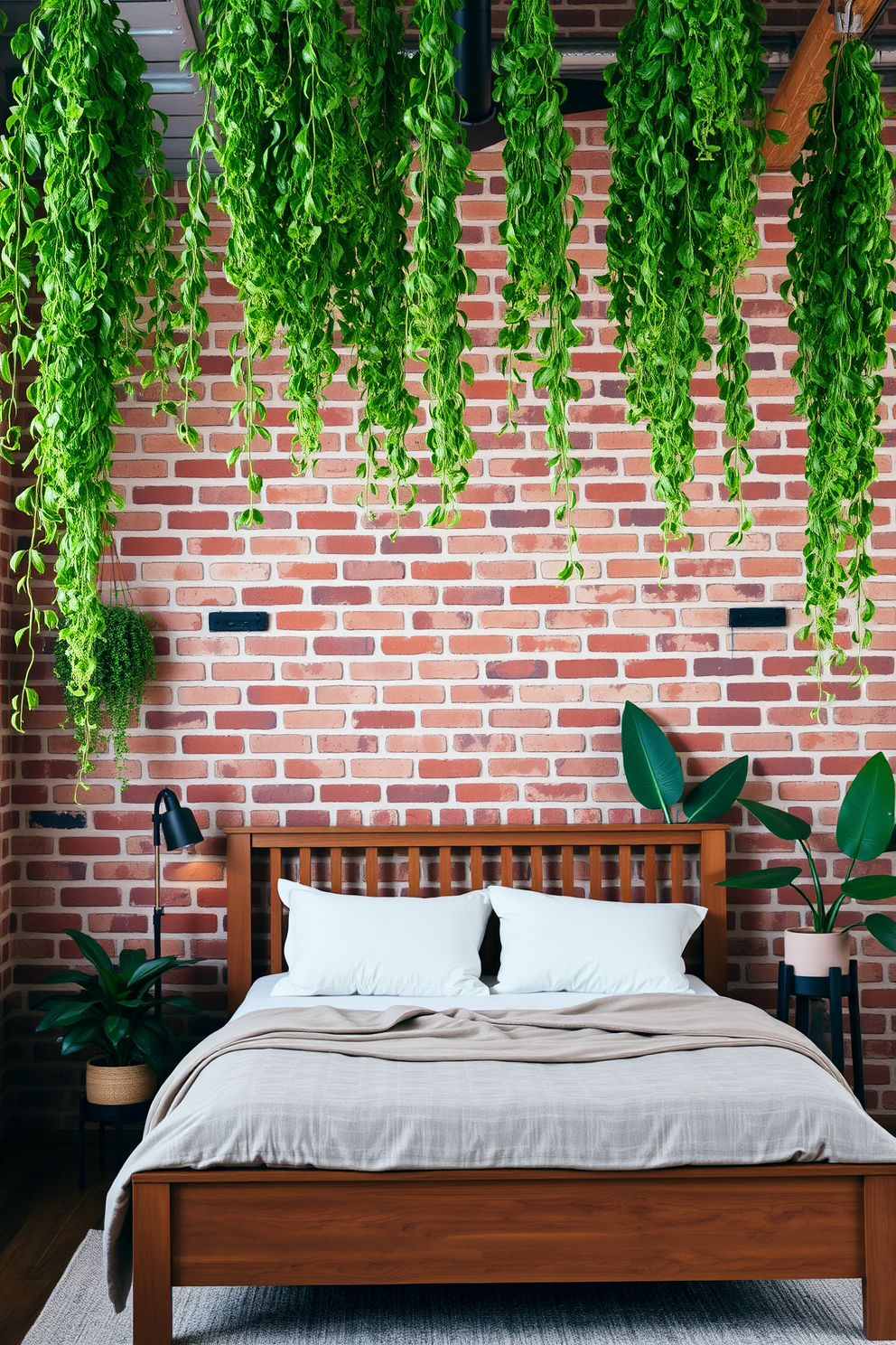 Hanging plants drape gracefully from the ceiling, adding a touch of greenery to the industrial charm of the exposed brick walls. The warm tones of the brick contrast beautifully with the vibrant leaves, creating a cozy and inviting atmosphere. The bedroom features a mix of modern and rustic elements, with a wooden bed frame positioned against the textured brick backdrop. Soft bedding in neutral colors complements the earthy tones of the brick, while strategically placed plants enhance the serene ambiance.