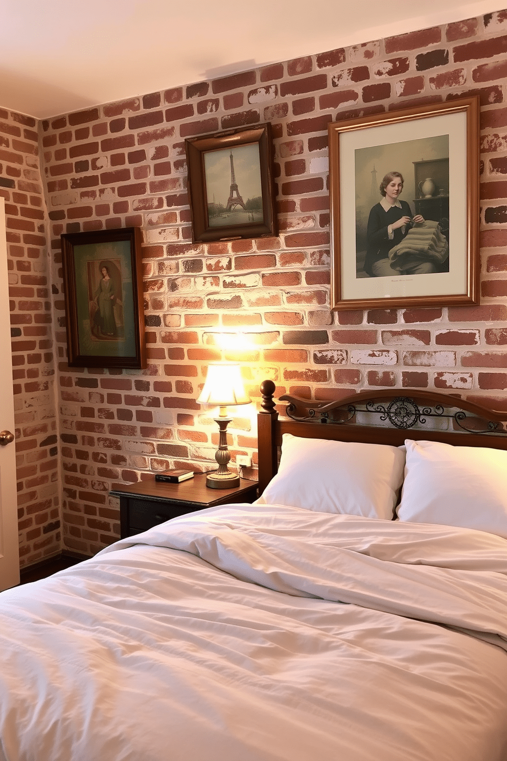 A cozy bedroom features a brick wall backdrop adorned with vintage artwork that adds character and charm. The room is furnished with a plush bed dressed in soft linens, complemented by a rustic wooden nightstand and a vintage lamp casting a warm glow.