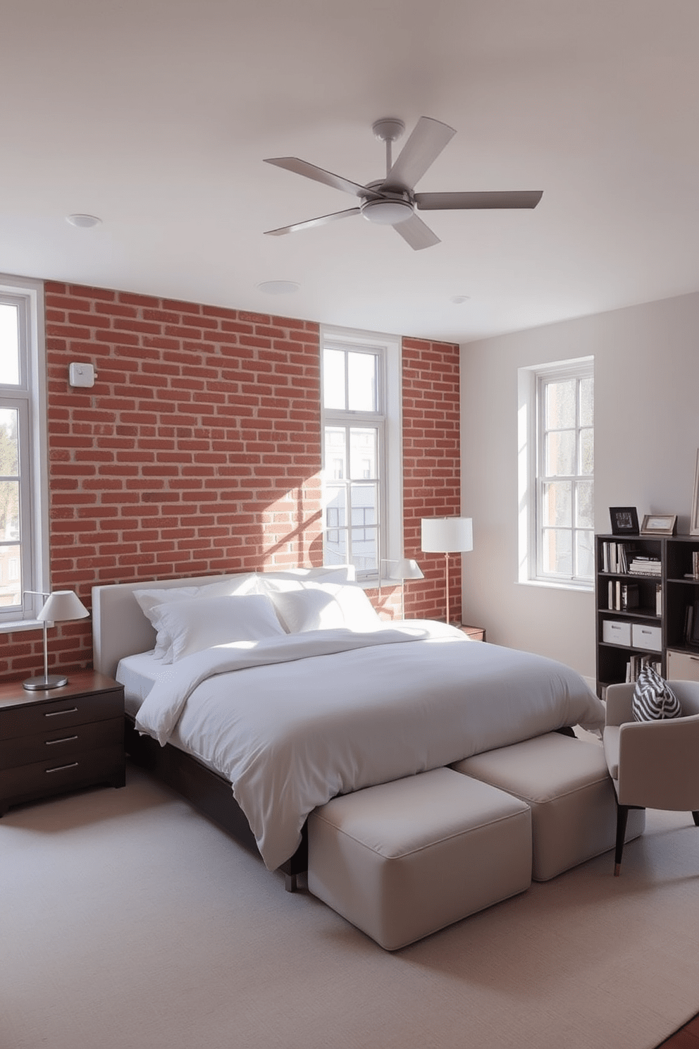 A serene bedroom featuring a neutral color palette complemented by a striking brick accent wall. The space includes a plush queen-sized bed dressed in soft white linens, flanked by minimalist nightstands with sleek lamps. Natural light floods the room through large windows, enhancing the warm tones of the exposed brick. A cozy reading nook with a comfortable armchair and a small bookshelf is positioned in one corner, inviting relaxation.