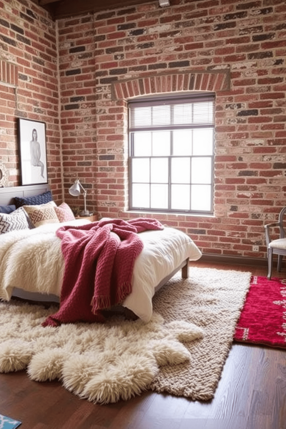 Layered rugs create a warm and inviting atmosphere in a bedroom with exposed brick walls. The combination of textures from the rugs enhances the cozy ambiance while complementing the rustic charm of the brick. Incorporate a mix of soft, plush rugs in various sizes and patterns to add depth and comfort. The contrasting colors of the rugs can accentuate the earthy tones of the brick, creating a harmonious and stylish retreat.