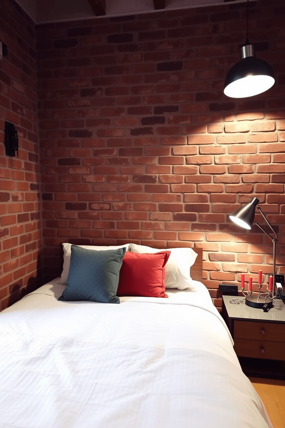 A cozy bedroom featuring a striking brick wall that serves as a focal point of the space. The room is illuminated by bold lighting fixtures that enhance the texture of the brick, creating a warm and inviting atmosphere. The bed is dressed in soft linens, complemented by decorative pillows that add a pop of color. A stylish nightstand with a modern lamp sits beside the bed, providing both function and aesthetic appeal.