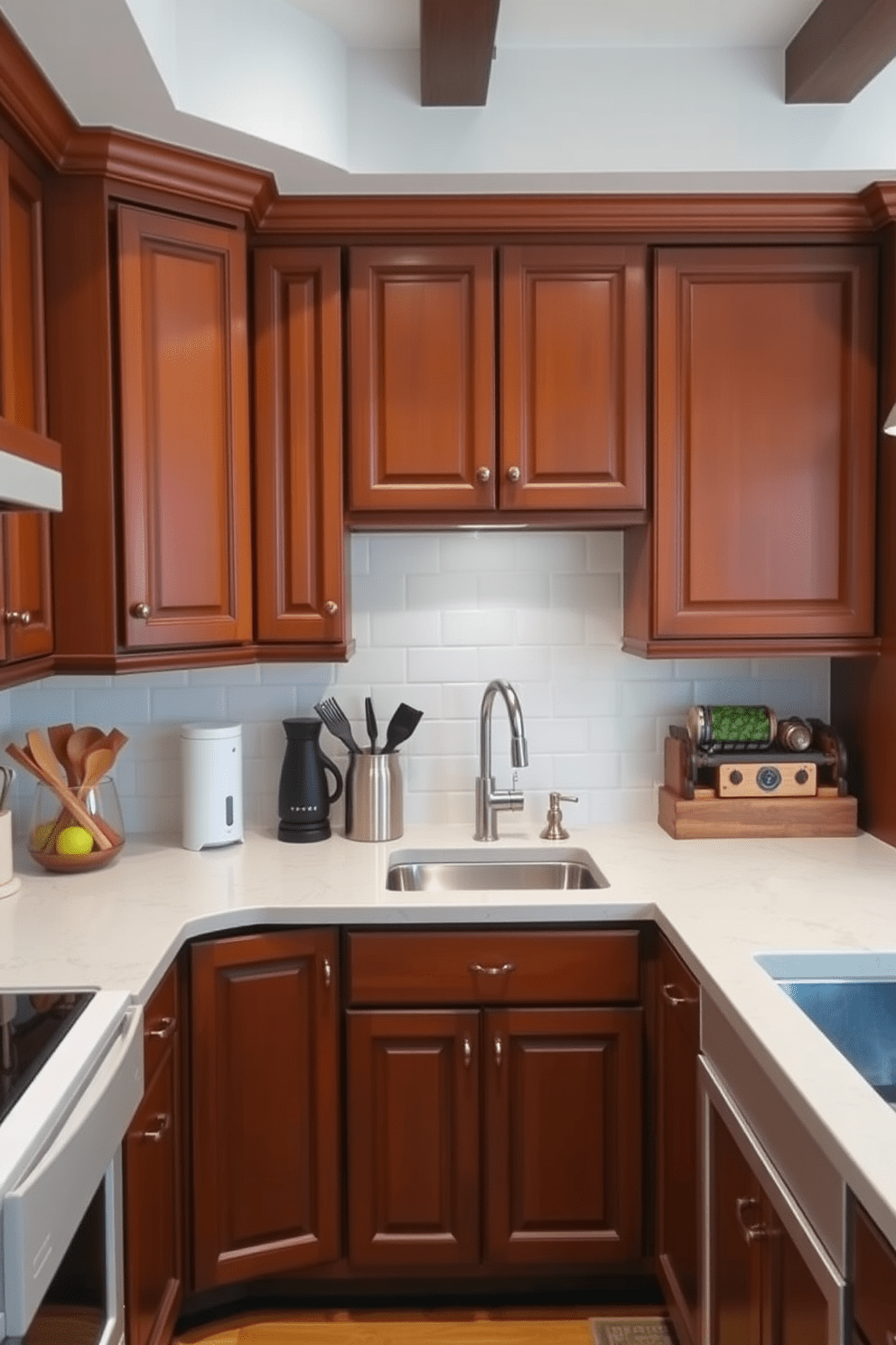 A warm and inviting kitchen features rich brown cabinetry that provides a cozy contrast to the bright white countertops. The space is enhanced by stylish hardware and soft lighting, creating an atmosphere perfect for cooking and entertaining.