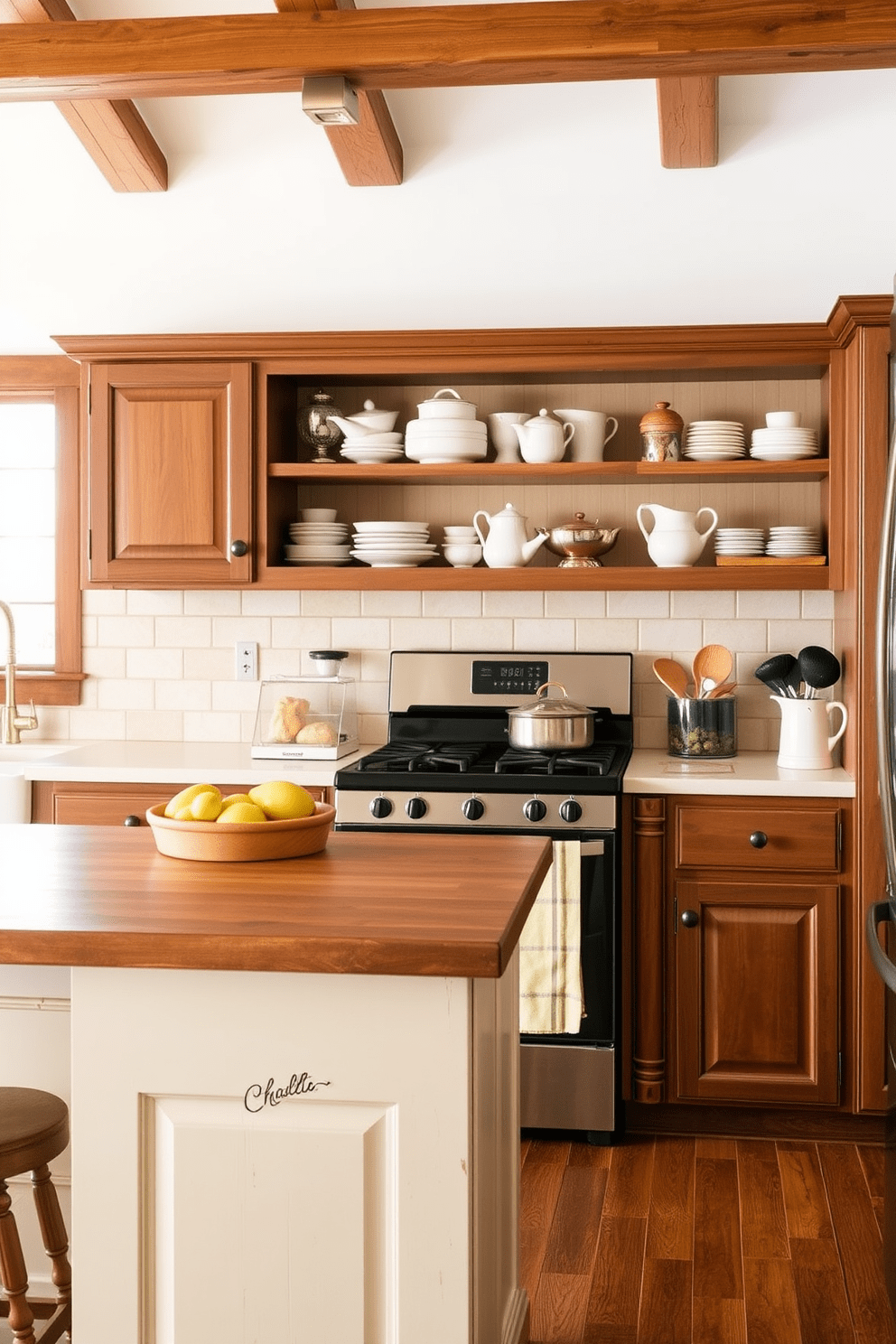 A warm and inviting kitchen featuring brown shaker cabinets that exude vintage charm. The cabinets are complemented by a rustic wooden island topped with a creamy white countertop, creating a perfect focal point in the space. The backsplash consists of classic subway tiles in a soft beige tone, enhancing the overall warmth of the kitchen. A collection of vintage kitchenware is displayed on open shelves, adding character and a personal touch to the design.