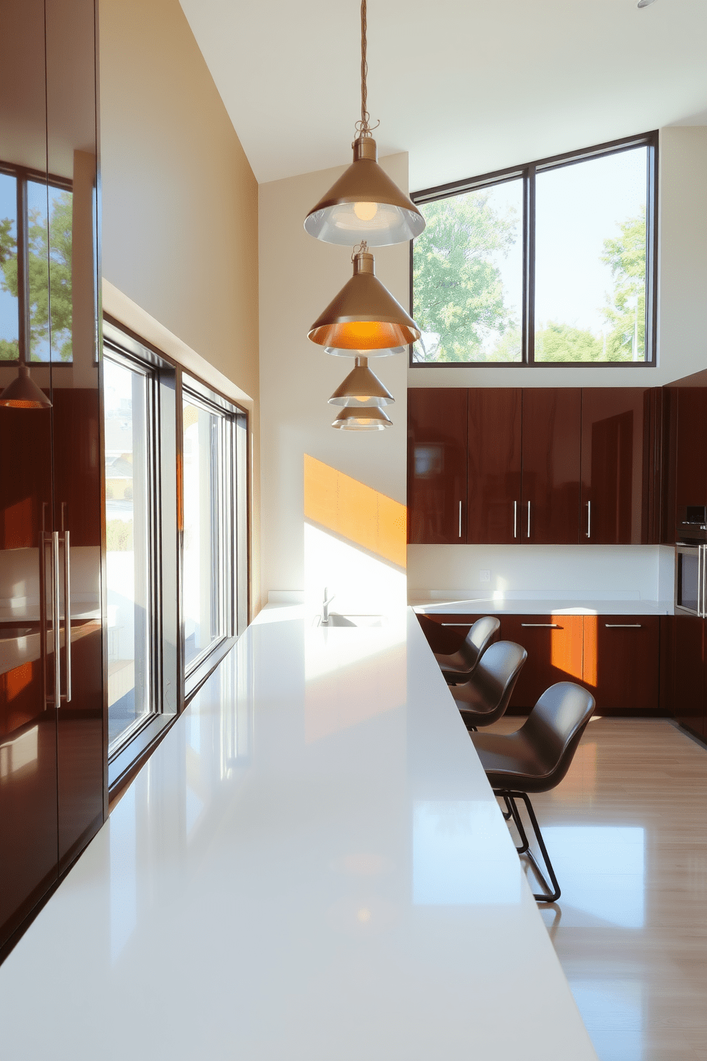 A warm and inviting kitchen featuring glossy brown cabinets that reflect the natural light streaming in from large windows. The countertops are a light quartz, complementing the rich tones of the cabinetry and creating a harmonious balance in the space. The kitchen island is adorned with stylish bar stools, providing a perfect spot for casual dining. Elegant pendant lights hang above the island, adding a touch of sophistication to the overall design.