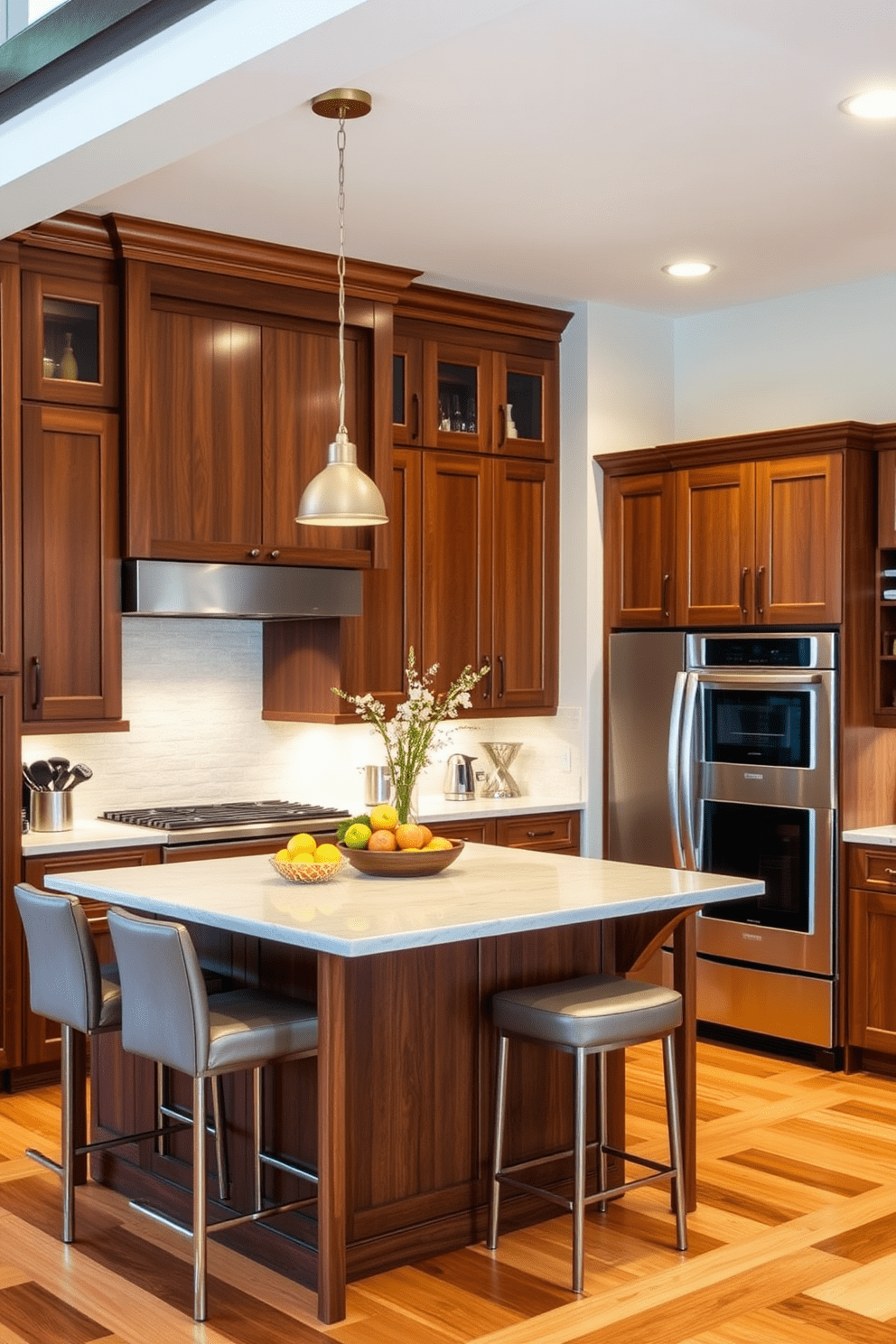 Warm walnut cabinets create a rich and inviting atmosphere in the kitchen. The sleek stainless steel appliances add a modern touch, enhancing the overall elegance of the space. The countertops are a light quartz, providing a beautiful contrast to the dark wood. A large island with bar seating serves as a functional centerpiece for cooking and entertaining.