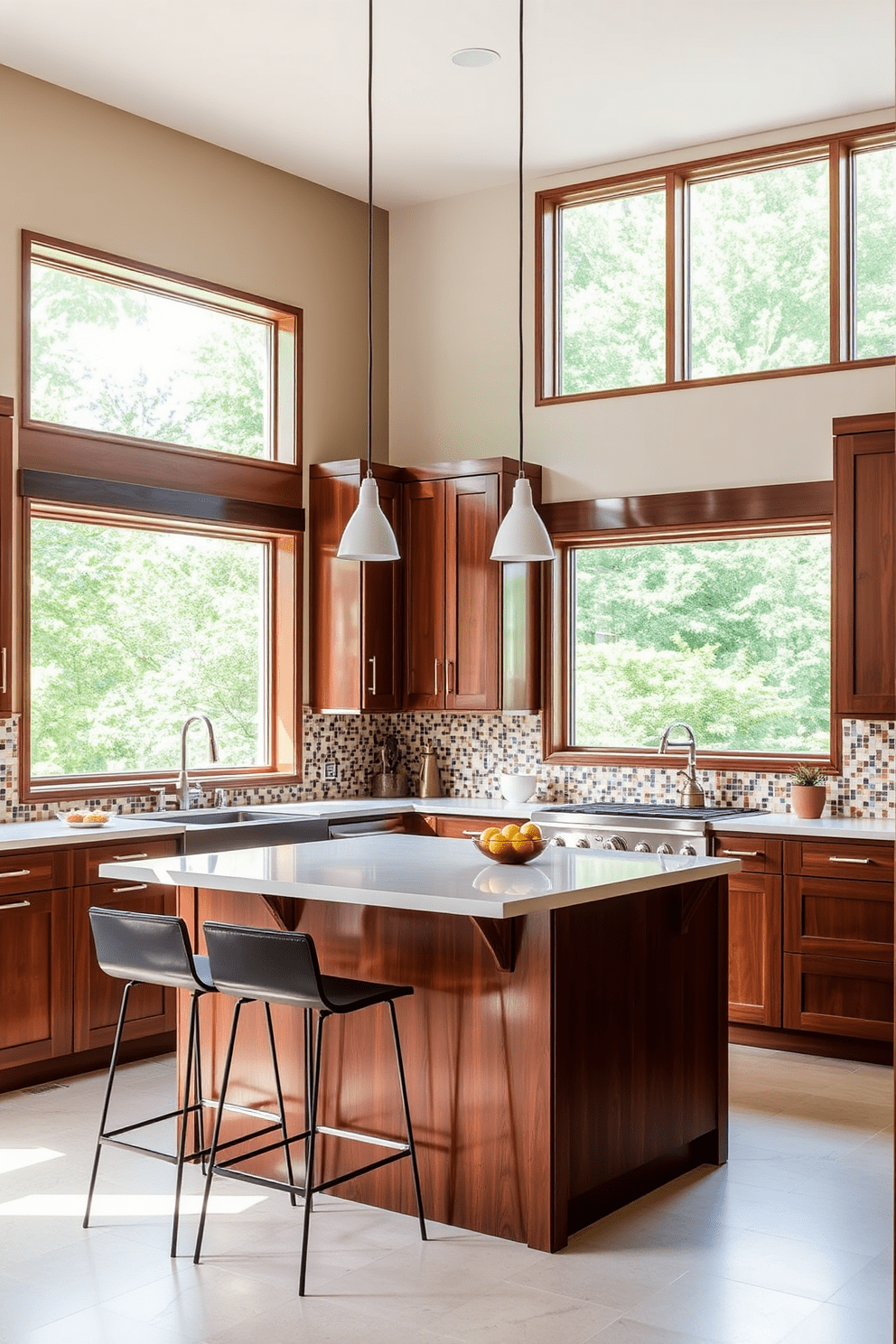 A modern kitchen featuring rich brown cabinetry adorned with intricate mosaic tile accents. The space is brightened by large windows that allow natural light to flood in, highlighting the warm tones of the wood and tiles. An island in the center provides additional workspace and is topped with a sleek countertop. Stylish bar stools line one side, creating a perfect spot for casual dining or entertaining guests.