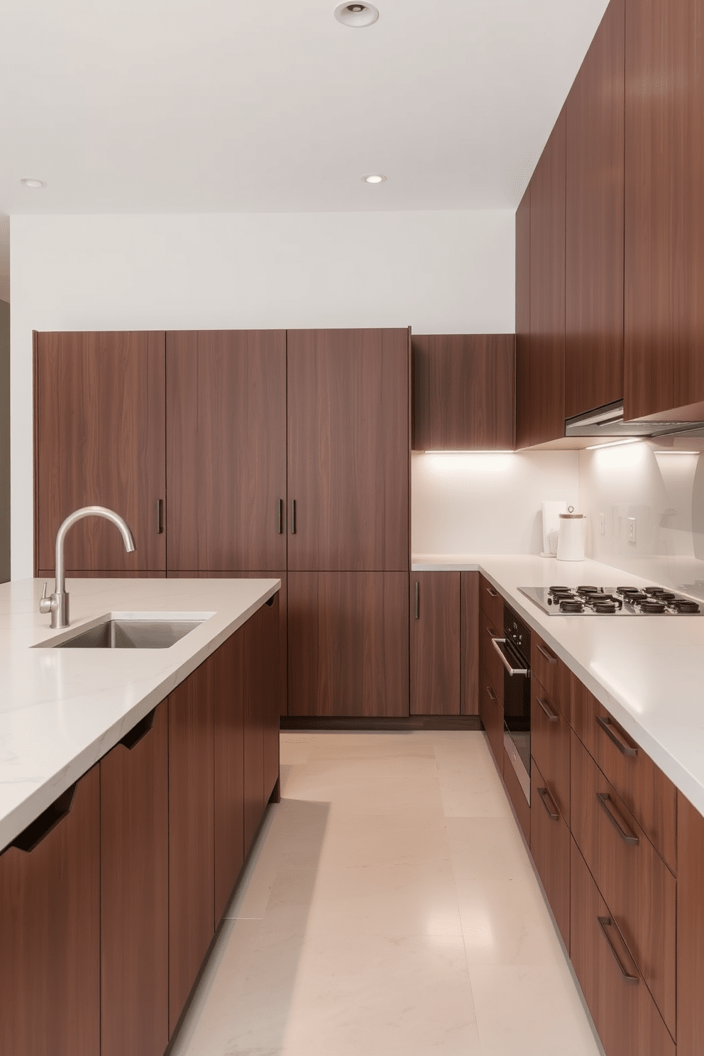 A minimalist kitchen featuring sleek brown cabinets that emphasize clean lines and a clutter-free aesthetic. The countertops are made of light-colored stone, providing a beautiful contrast against the rich brown cabinetry.