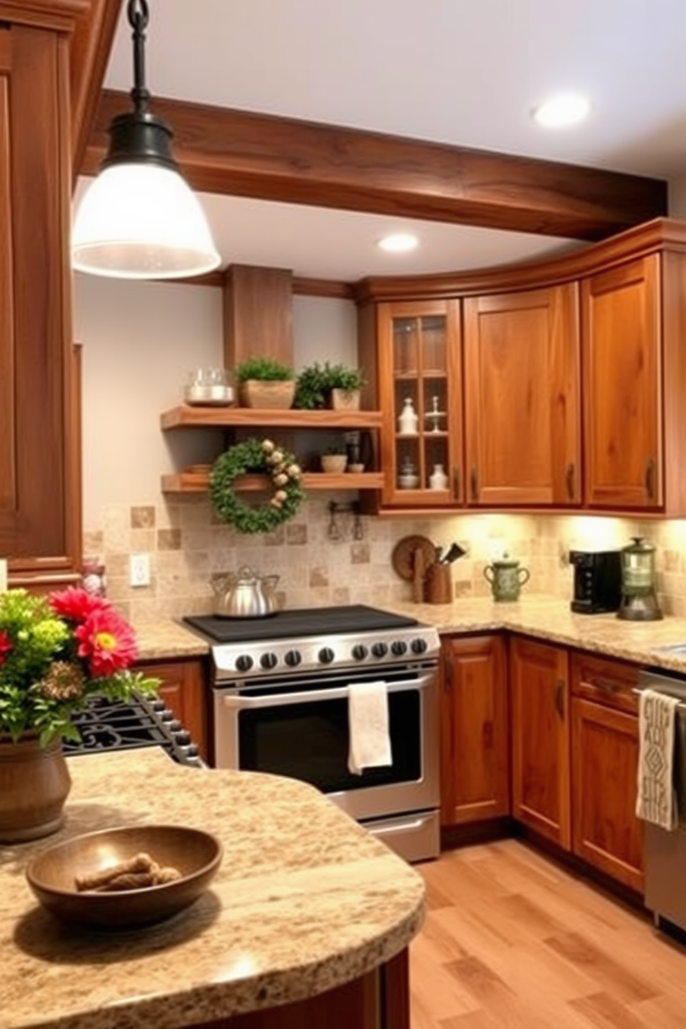 Natural wood finish cabinets create a warm and inviting atmosphere in this cozy kitchen. The design features rich brown tones complemented by soft lighting and rustic accents to enhance the overall charm.