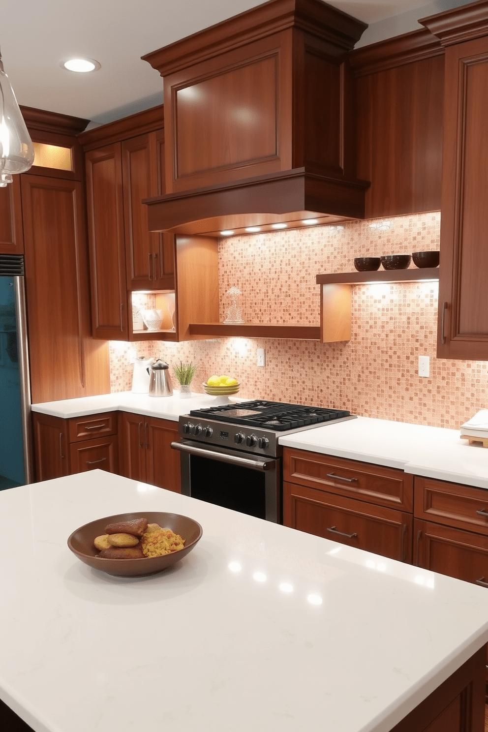 A warm and inviting kitchen featuring rich brown cabinets with integrated lighting that highlights the elegant wood grain. The space is designed with a large central island topped with a contrasting white quartz countertop, creating a perfect gathering spot for family and friends.