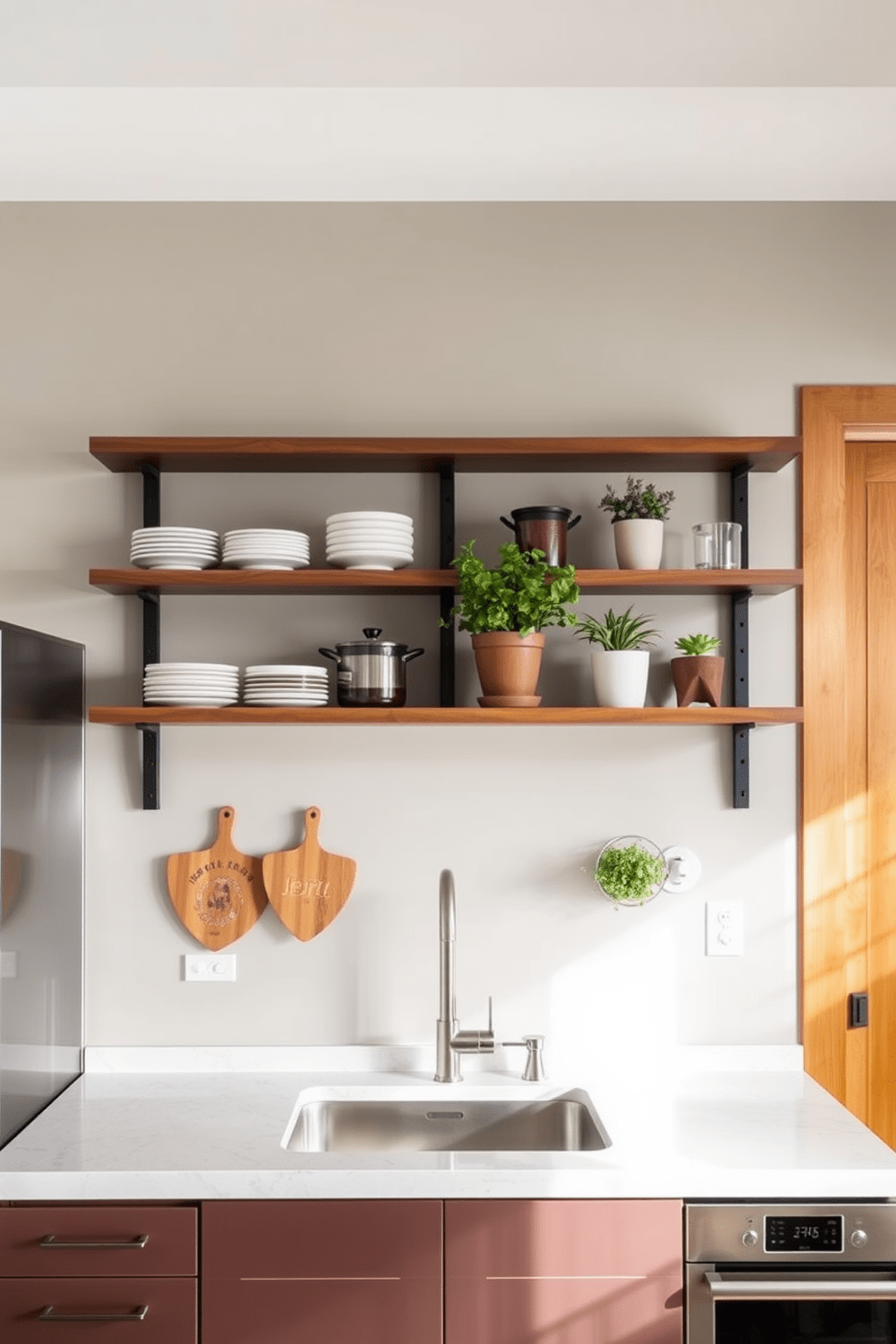 A modern kitchen design featuring floating brown shelves above the countertop. The shelves are adorned with stylish kitchenware and potted herbs, creating a warm and inviting atmosphere.