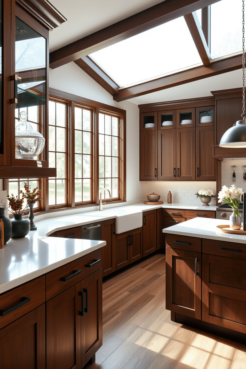 A warm and inviting kitchen featuring muted brown cabinets complemented by sleek matte black handles. The space is enhanced by a large island with a contrasting white countertop, providing ample space for cooking and entertaining. Natural light pours in through large windows, illuminating the rich wood tones and creating a cozy atmosphere. Decorative elements include open shelving displaying elegant dishware and a stylish pendant light hanging above the island.