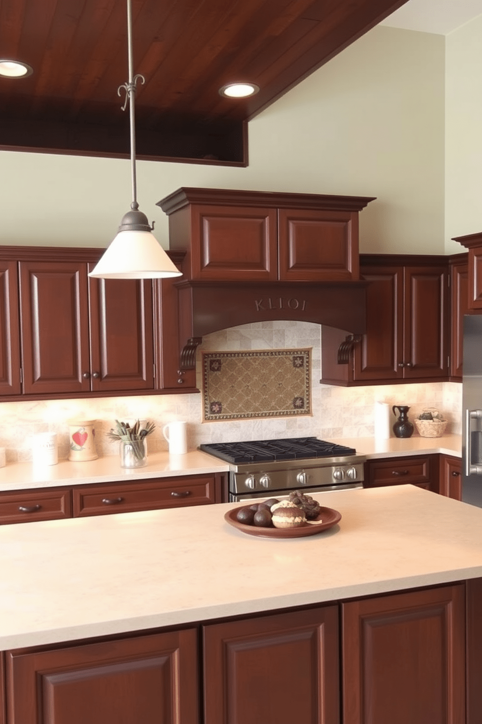 A warm and inviting kitchen featuring two-tone brown cabinets, with the upper cabinets in a rich chocolate hue and the lower cabinets in a lighter walnut shade. The centerpiece is a spacious light-colored island that contrasts beautifully with the cabinetry, providing ample space for meal preparation and casual dining.