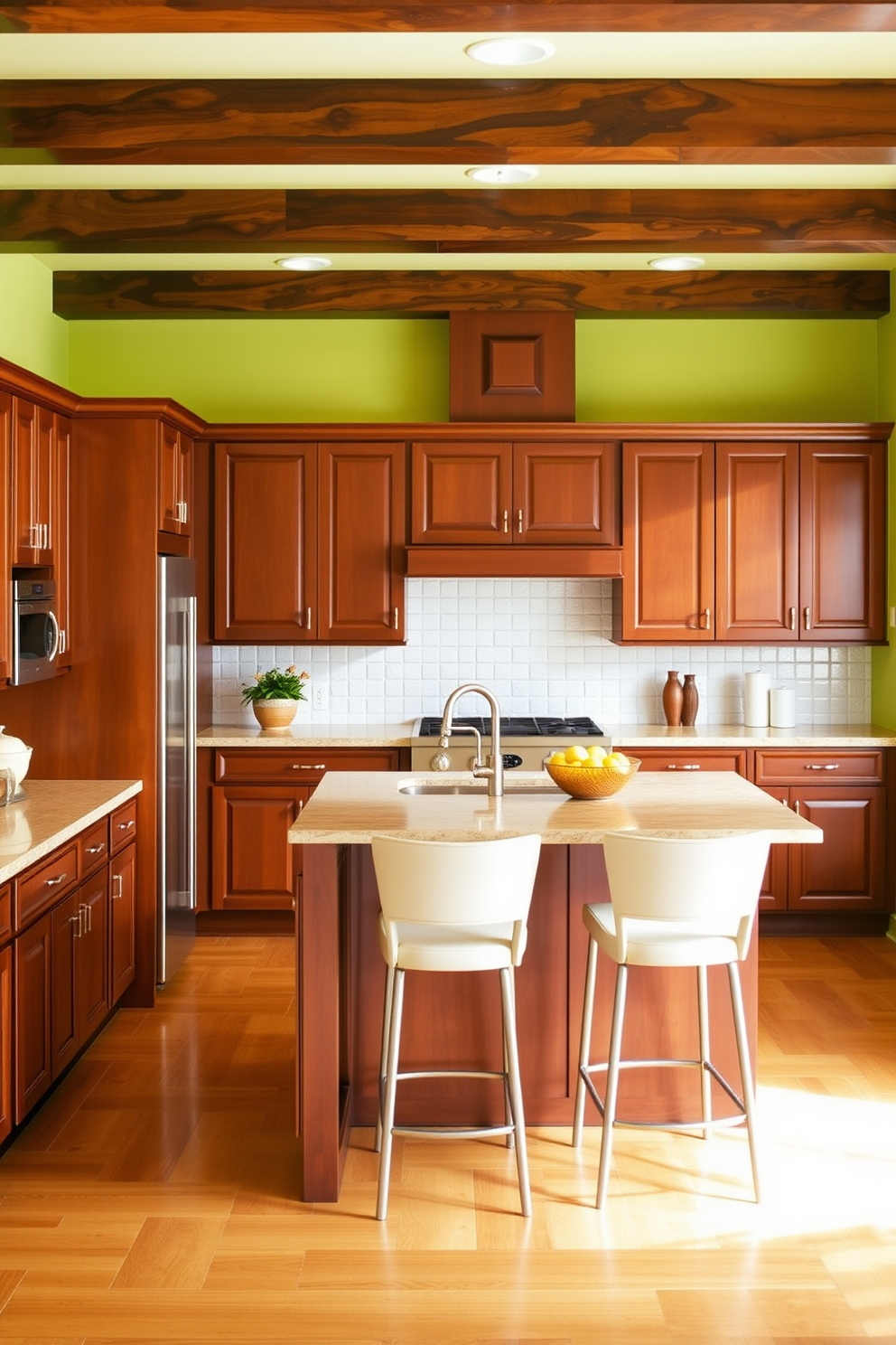 A warm and inviting kitchen featuring rich brown cabinets that contrast beautifully with bright wall colors. The space is adorned with modern appliances and a large island in the center, complemented by stylish bar stools.