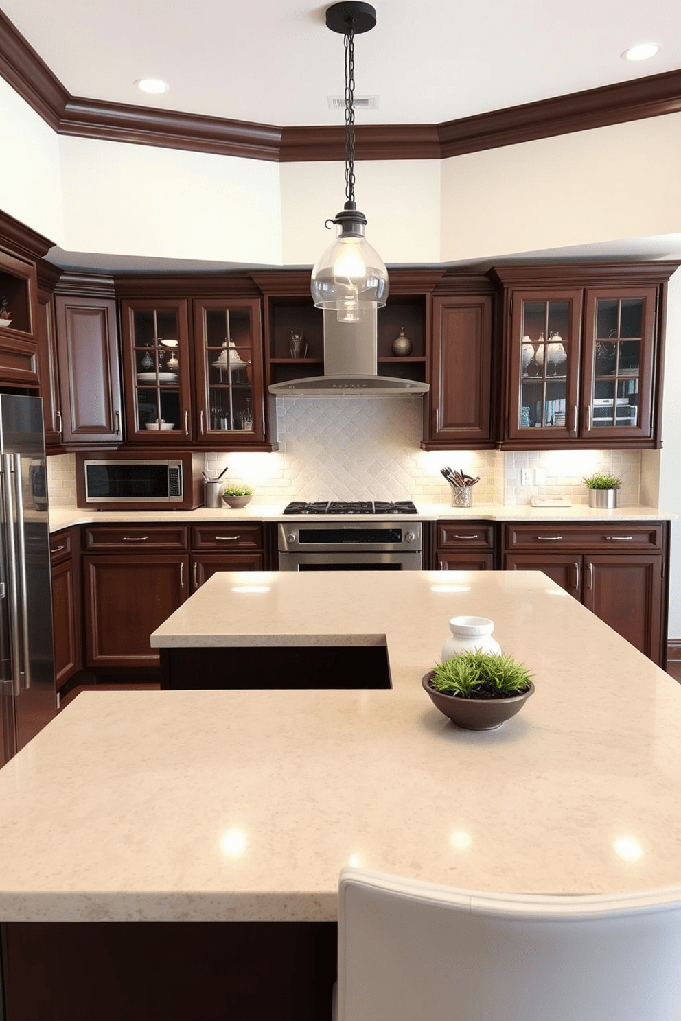 Elegant brown cabinets with glass inserts create a warm and inviting atmosphere in the kitchen. The sleek countertops complement the rich tones of the cabinets, enhancing the overall aesthetic of the space. A spacious island with seating provides both functionality and a gathering spot for family and friends. Soft lighting fixtures above the island illuminate the area, adding a touch of sophistication to the design.