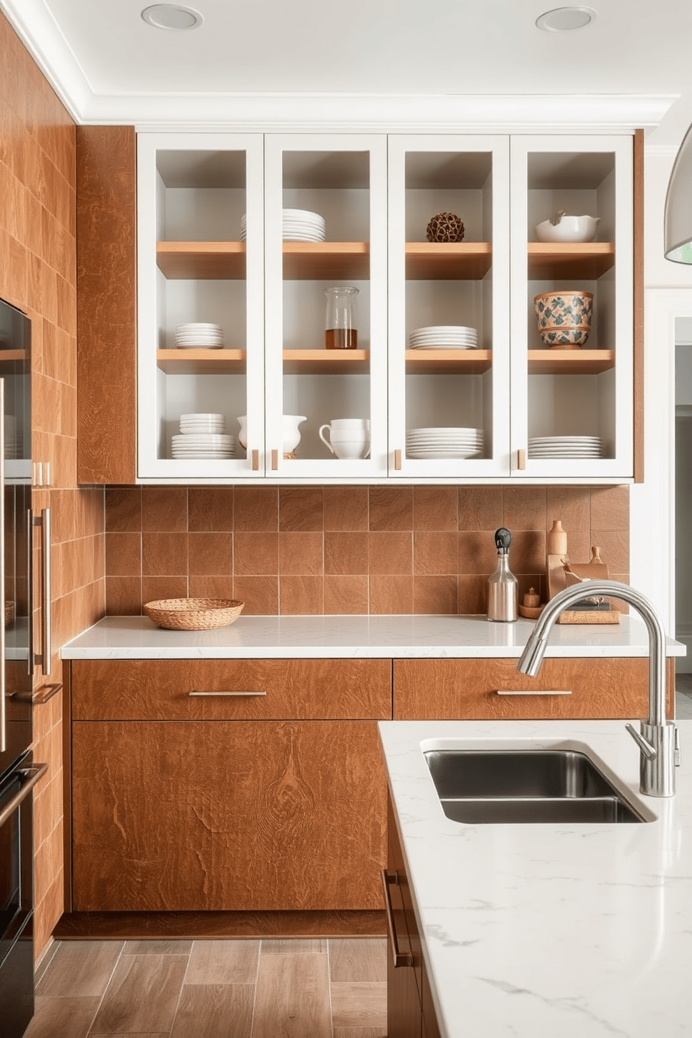 Textured brown cabinets create a unique and inviting atmosphere in the kitchen. The design features a blend of warm tones and natural materials that enhance the overall aesthetic. Complementing the cabinets, the countertops are a light quartz with subtle veining for contrast. Open shelving above showcases curated dishware and decorative items, adding personality to the space.