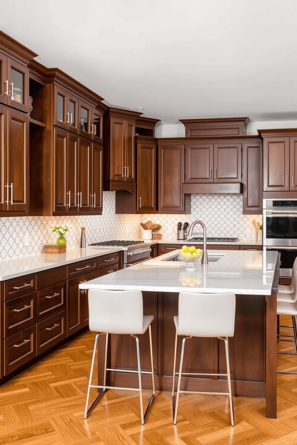 Classic brown cabinets with a contemporary twist. The kitchen features sleek hardware and a mix of warm wood tones with modern finishes. A large island with a quartz countertop serves as the focal point, surrounded by stylish bar stools. The backsplash showcases a geometric tile pattern that adds visual interest and complements the cabinetry.