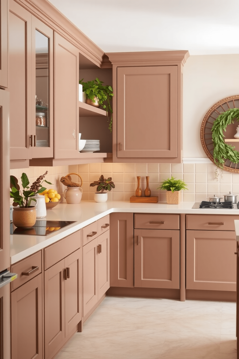 A warm and inviting kitchen featuring soft brown cabinets complemented by pastel accents. The cabinetry is paired with a light-colored countertop, and decorative open shelving displays stylish dishware and plants.